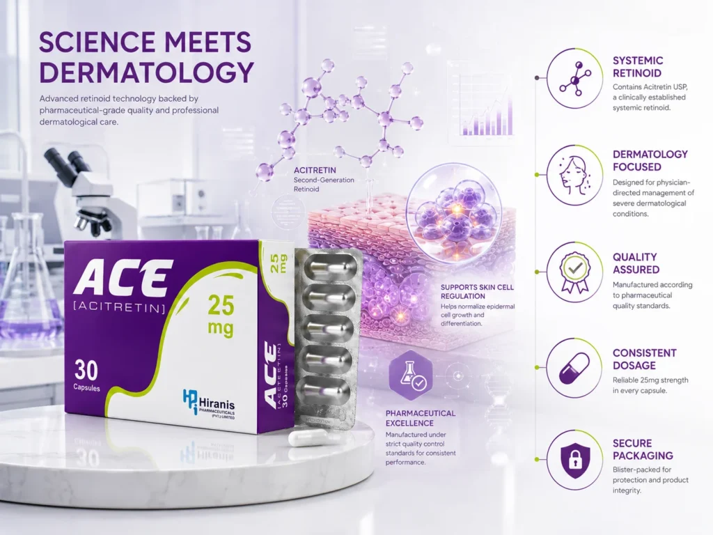 ACE® (Acitretin) 25mg Capsules | Advanced Oral Retinoid Therapy for Severe Psoriasis. ACE® Acitretin 25mg Capsules displayed in a premium dermatology-inspired pharmaceutical scene with scientific graphics, blister pack, and quality-focused healthcare branding.