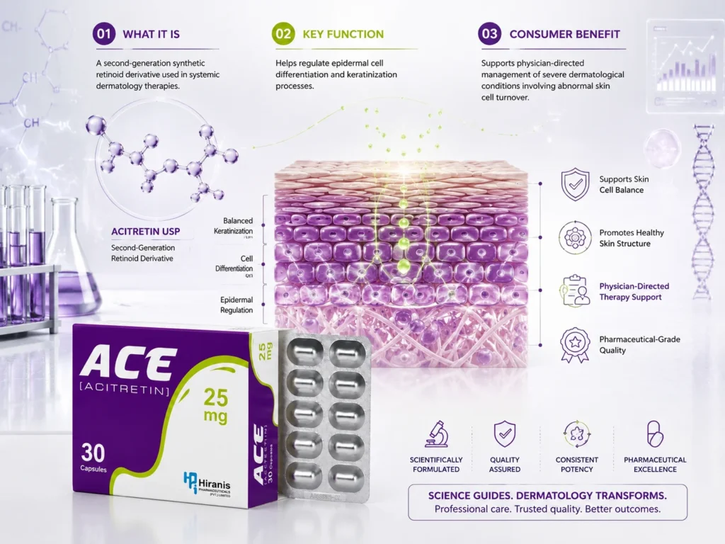 ACE® (Acitretin) 25mg Capsules | Advanced Oral Retinoid Therapy for Severe Psoriasis. ACE® Acitretin 25mg infographic with product pack, skin-layer visualization, retinoid science graphics, and dermatology therapy benefits.
