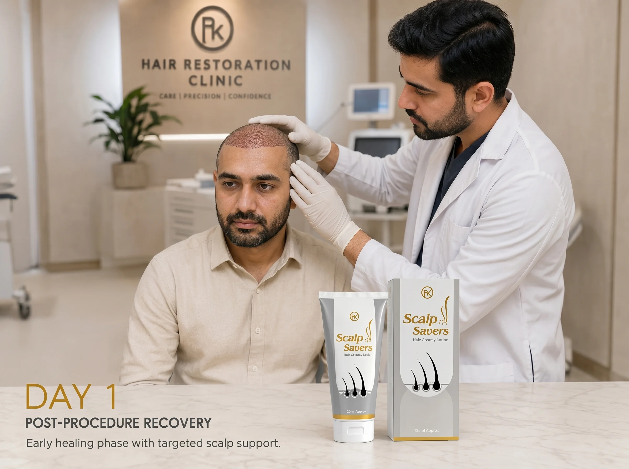 Scalp Saver Day 1 hair transplant recovery with Scalp Savers Hair Creamy Lotion.