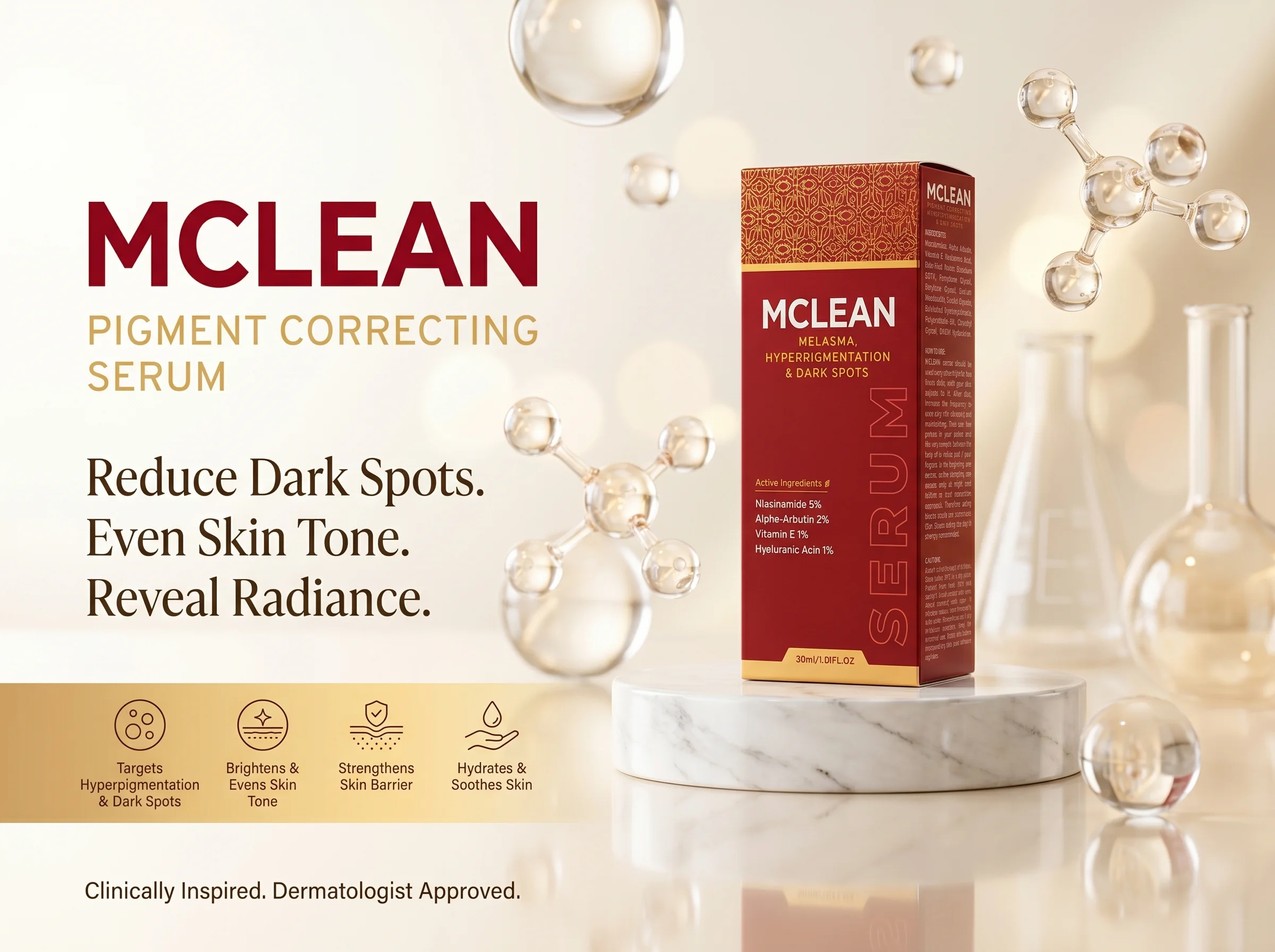 MCLEAN Pigment Correcting Serum Editorial skincare campaign highlighting radiance, hydration, and even skin tone