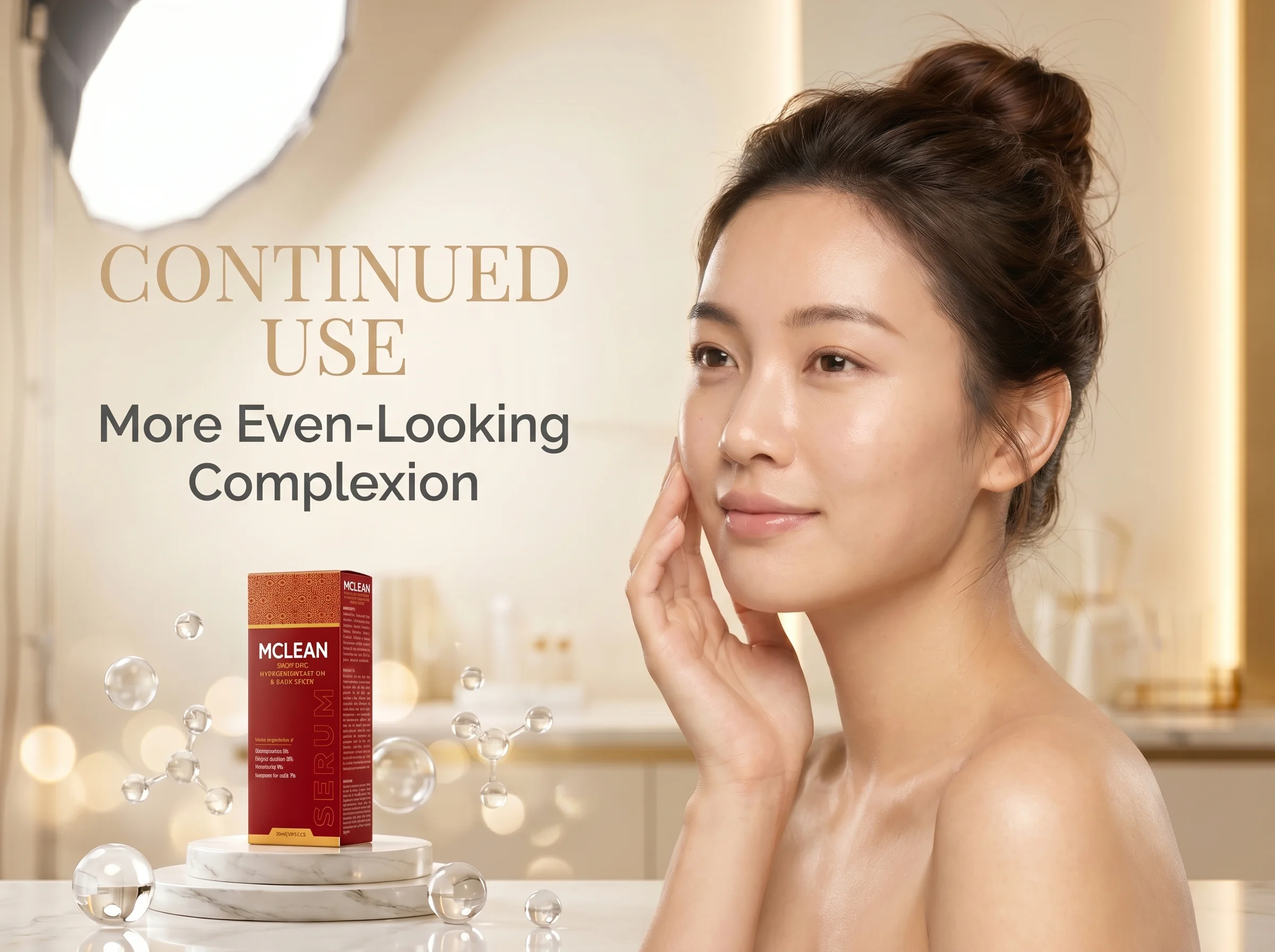 MCLEAN Pigment Correcting Serum Elegant beauty campaign showing a woman with balanced, healthy-looking skin and MCLEAN Pigment Correcting Serum surrounded by soft champagne lighting and scientific skincare details