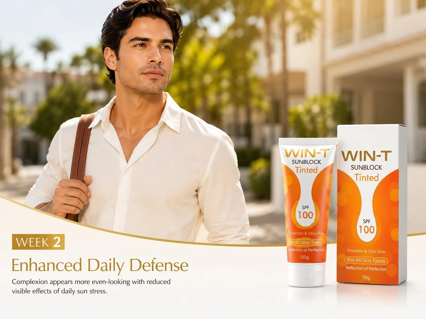 WIN-T Sunblock Tinded Elegant cosmetic advertisement featuring sunscreen tube and packaging with warm tones.