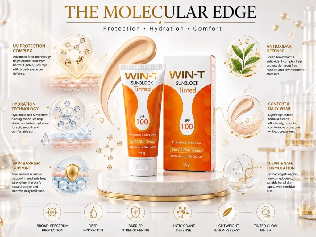 WIN-T Sunblock Tinded High-end sunscreen product with radiant lighting and minimal luxury aesthetic.