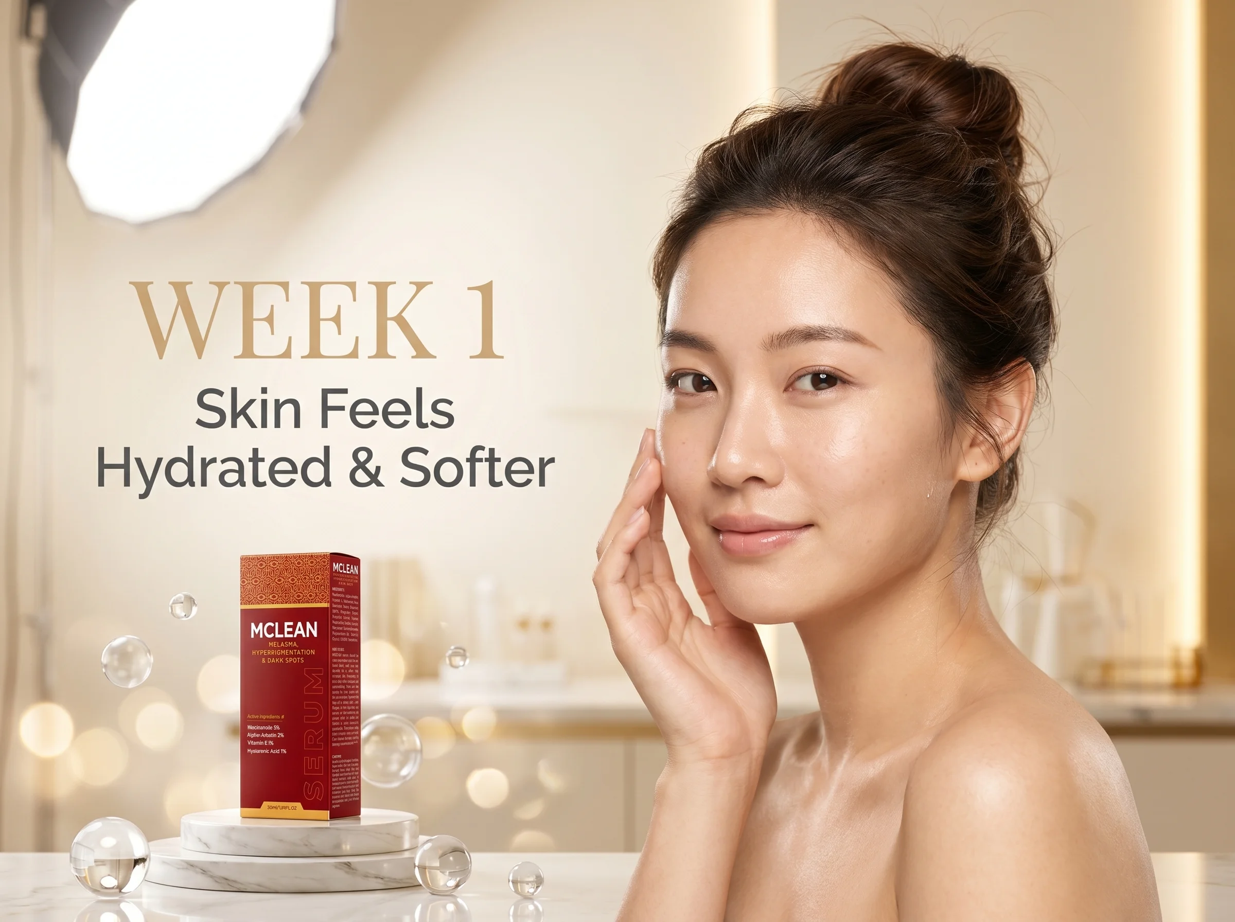 MCLEAN Pigment Correcting Serum Luxury beauty campaign featuring a woman with naturally hydrated skin beside MCLEAN Pigment Correcting Serum displayed on a white marble pedestal with elegant scientific skincare elements