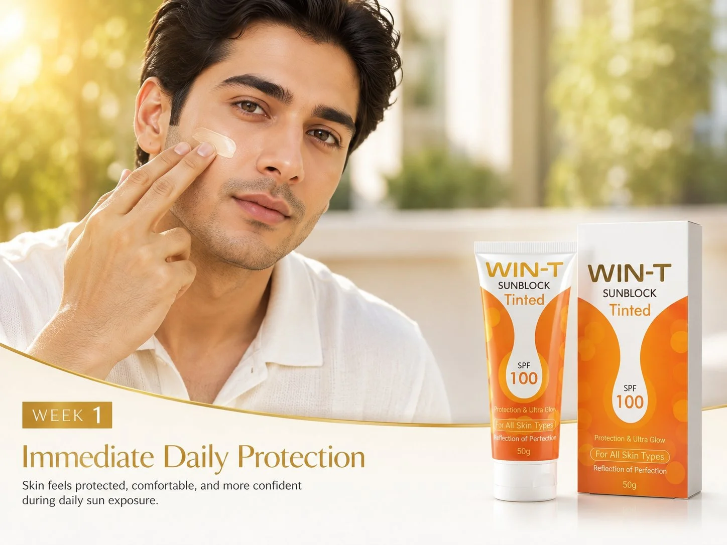 WIN-T Sunblock Tinded Luxury sunscreen packaging with WIN-T SPF 100 displayed in elegant white and orange design.