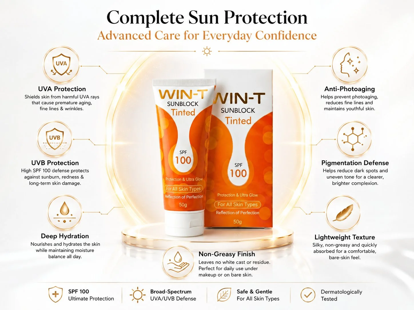 WIN-T Sunblock Tinded Minimalist luxury sunscreen display with white and gold-inspired design elements.
