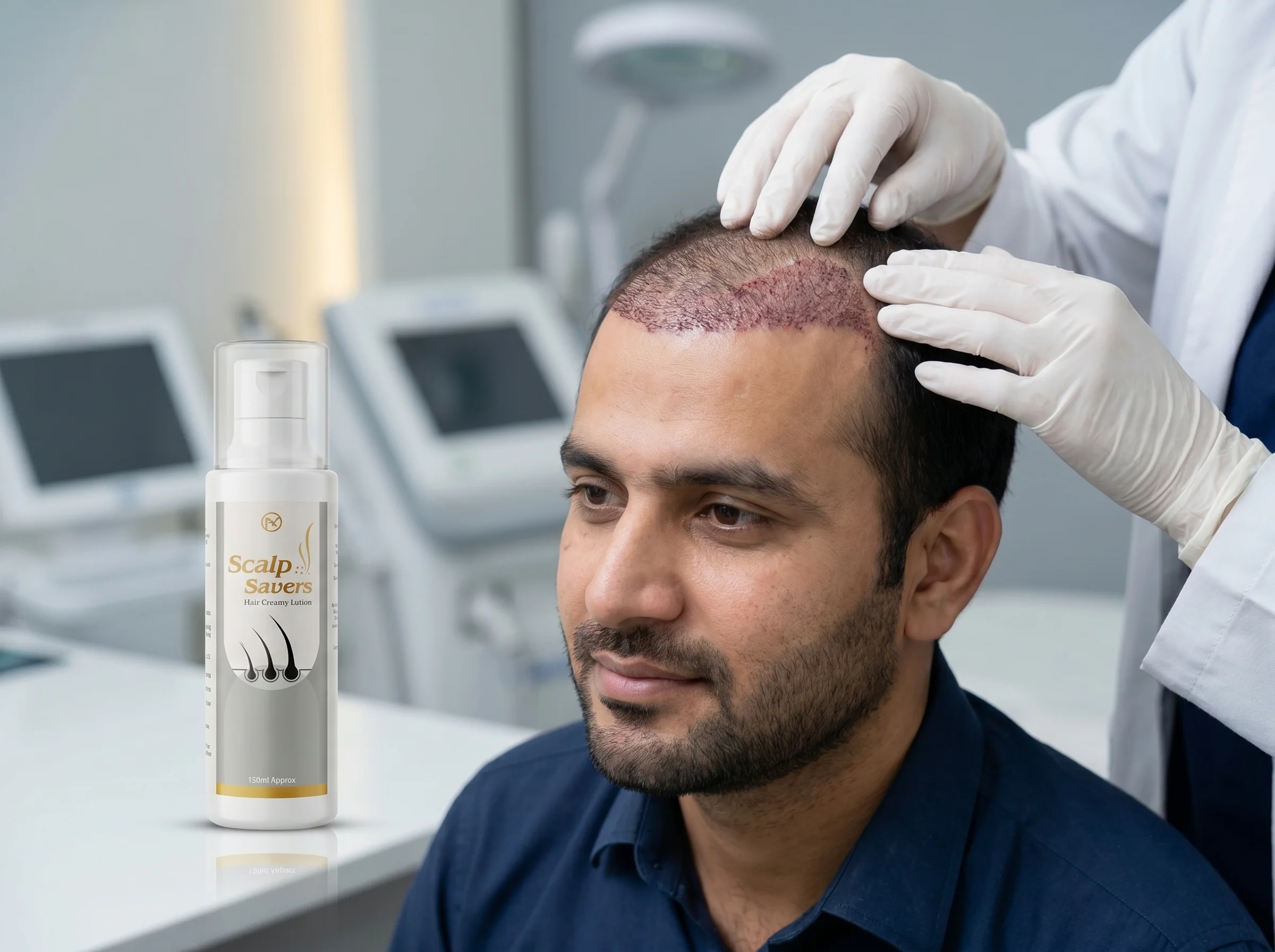 Pakistani man after hair transplant with visible grafts and mild redness in clinic, Scalp Saver bottle nearby.