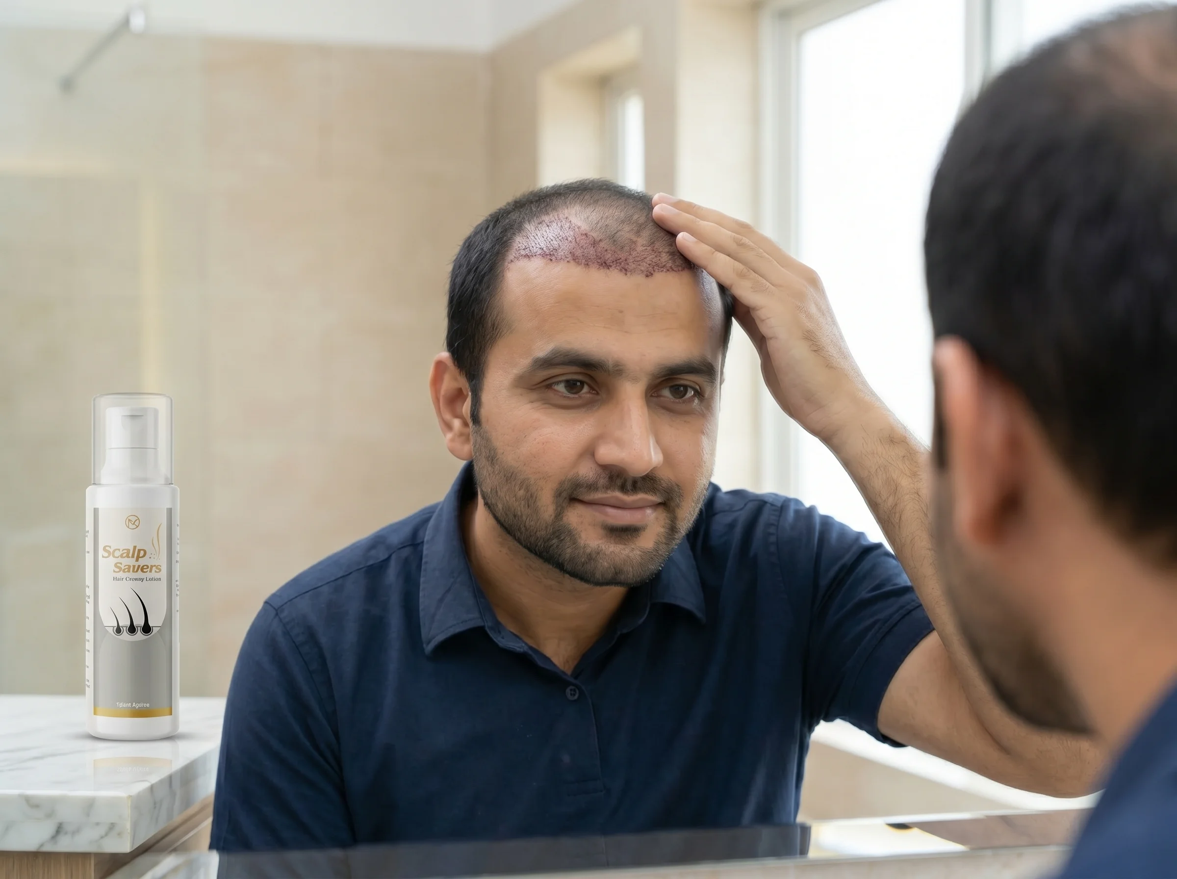 Pakistani man in Week 2 recovery touching healing scalp in home mirror, reduced redness, Scalp Saver visible.