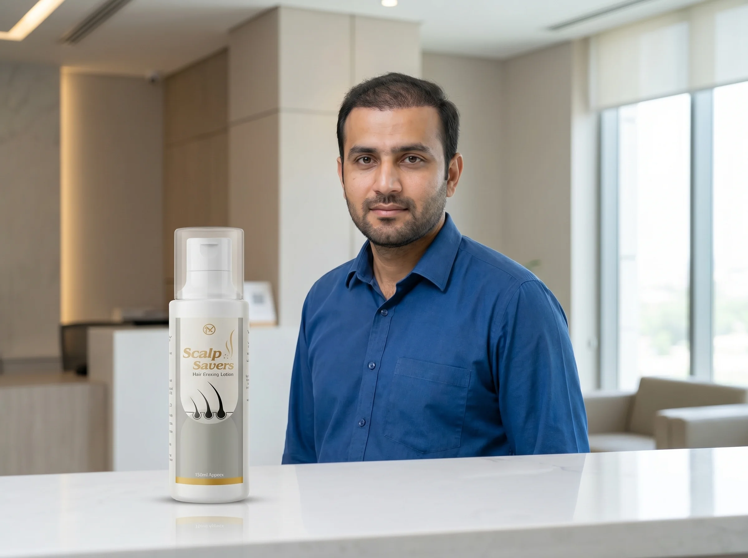 Pakistani man showing hair regrowth and stronger hairline in Week 4, clinic setting, Scalp Saver in foreground.