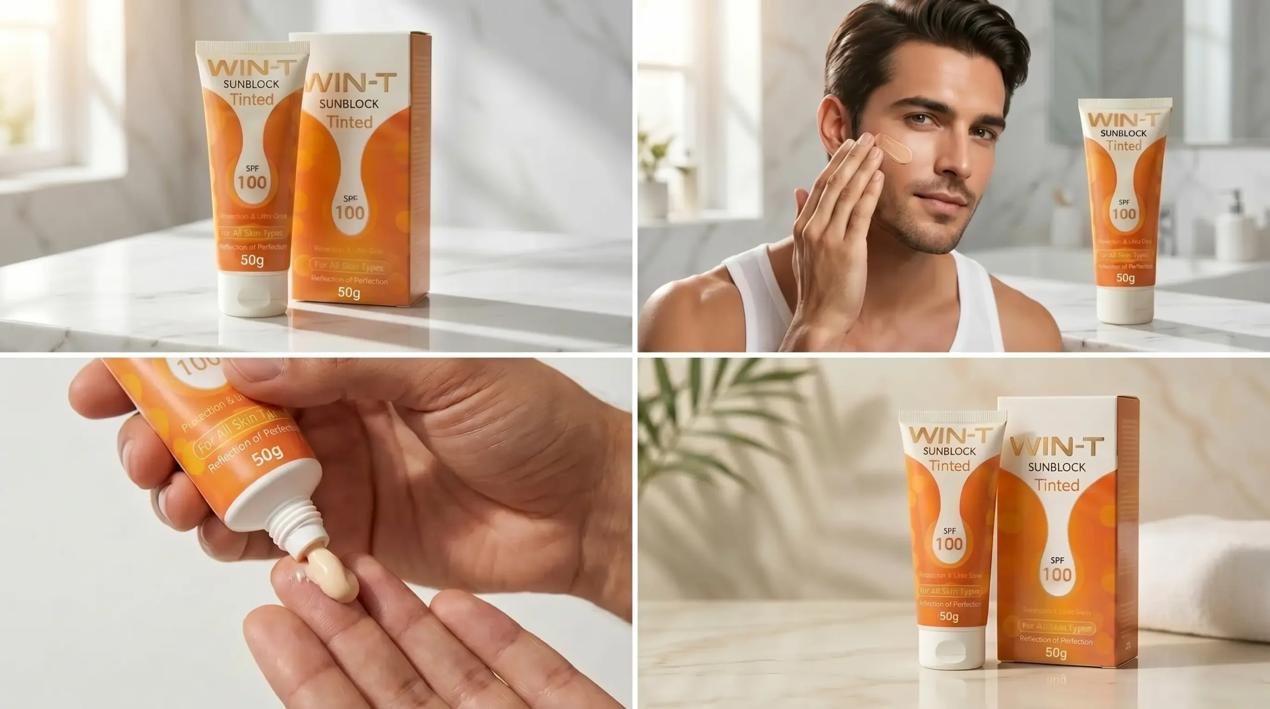 Premium men's tinted sunscreen advertisement featuring a male model applying SPF 100 sunblock, product packaging, and skincare texture close-ups in a luxury commercial layout.
