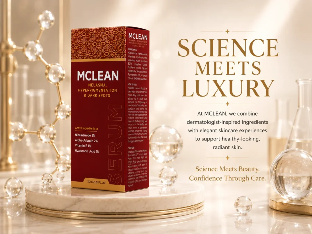 MCLEAN Pigment Correcting Serum Premium skincare advertisement illustrating healthy, even-looking skin maintenance with MCLEAN Pigment Correcting Serum in a warm champagne and ivory editorial setting