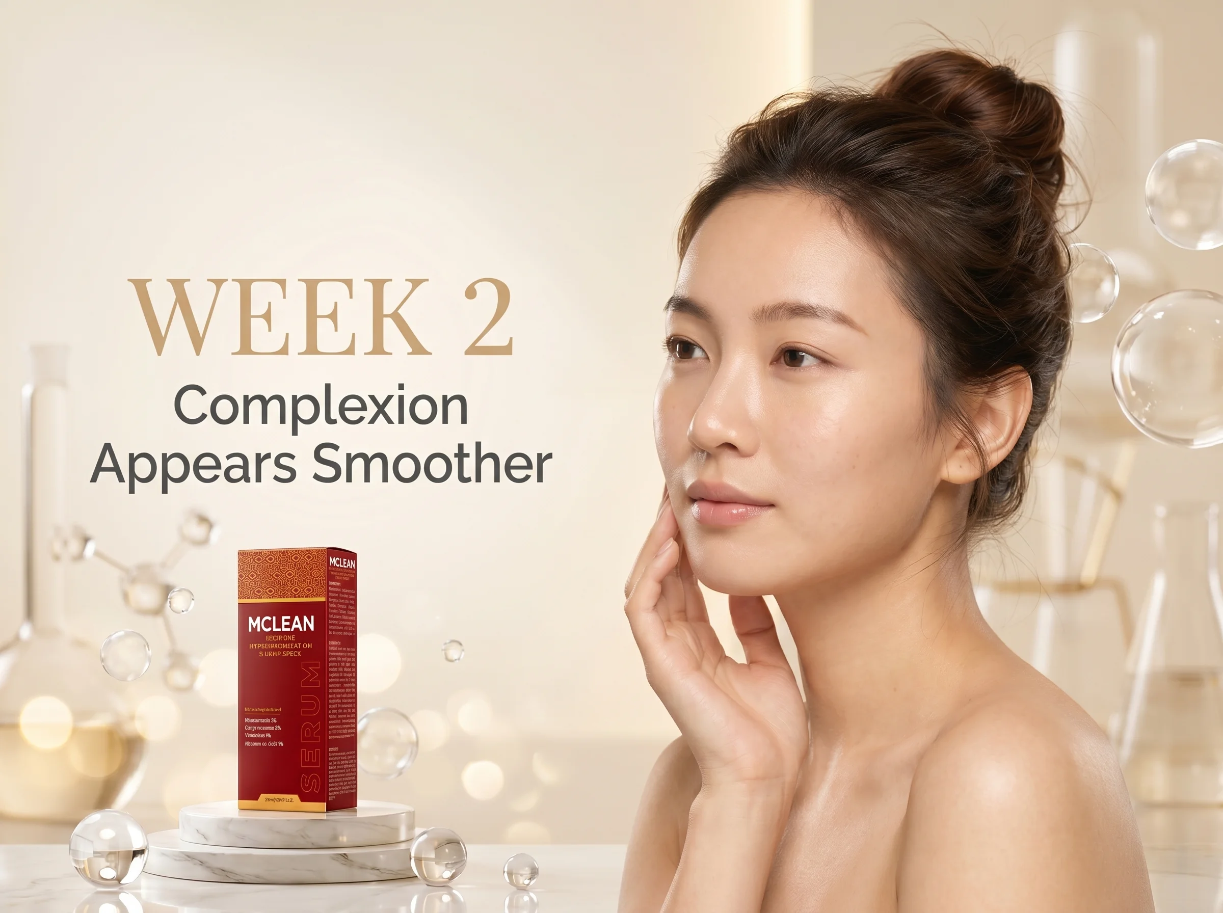 MCLEAN Pigment Correcting Serum Premium skincare editorial showing a woman with smoother-looking skin and healthy glow alongside MCLEAN Pigment Correcting Serum in an ivory and champagne-toned beauty laboratory setting