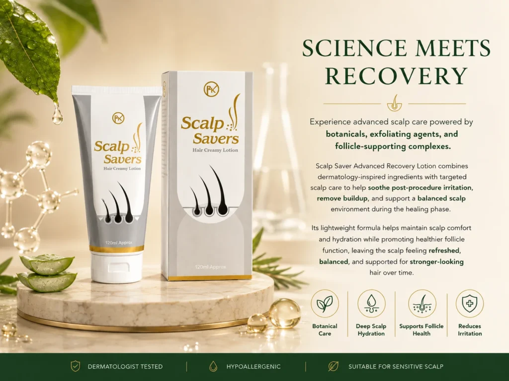 Scalp Saver Scalp Savers Hair Creamy Lotion product display with tube and box packaging, botanical ingredients, and scientific skincare visuals on a luxury marble platform.