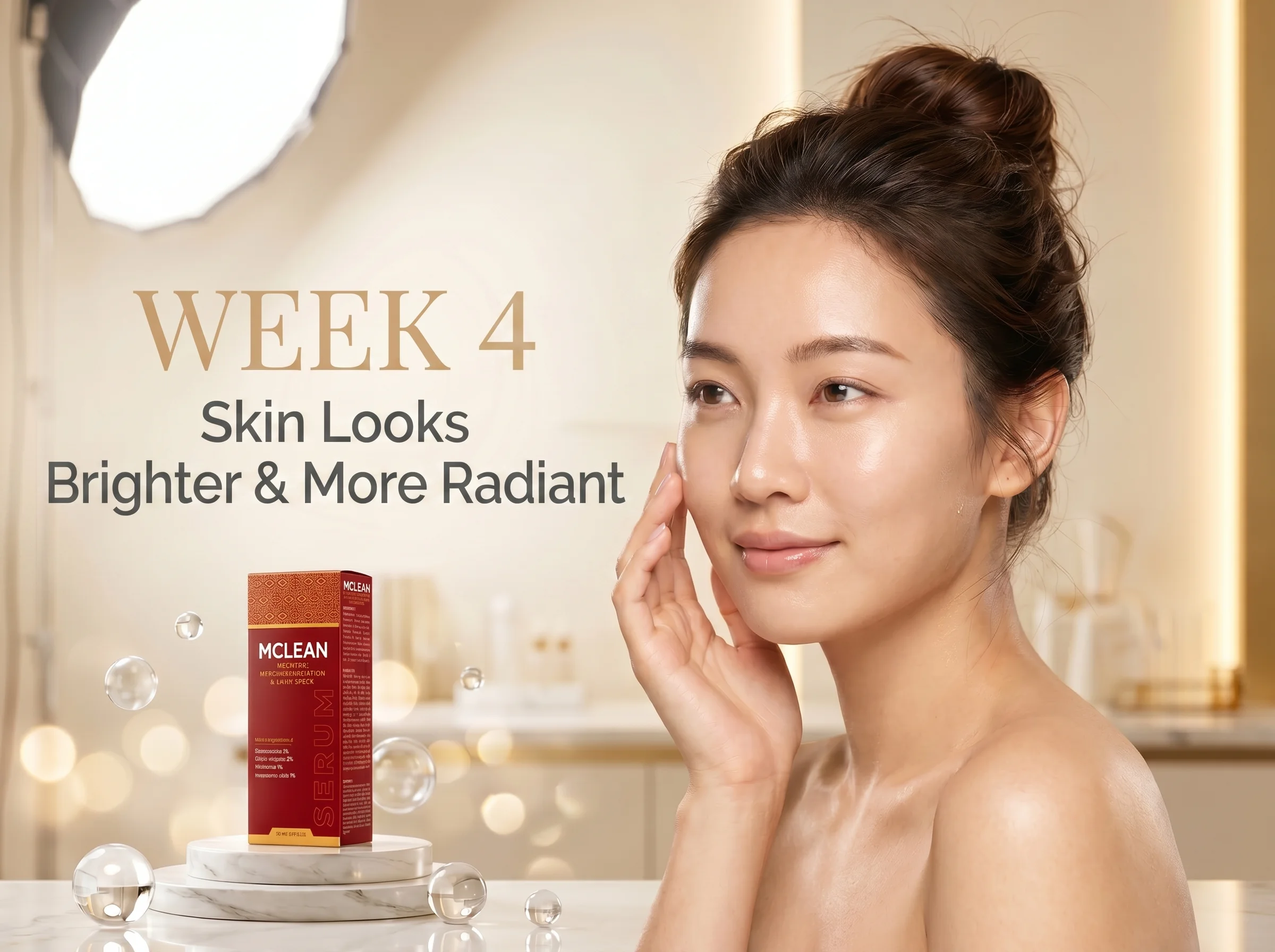MCLEAN Pigment Correcting Serum Ultra-luxury skincare advertisement featuring a radiant East Asian woman with luminous skin and MCLEAN Pigment Correcting Serum displayed on a marble platform with crystal accents