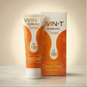 WIN-T SPF 100 sunscreen bottle with clear label showing SPF 100 and PA++++.
