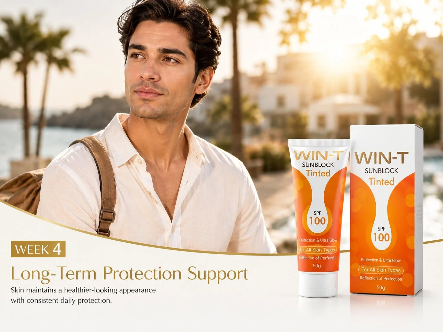 WIN-T Sunblock Tinded WIN-T SPF 100 tinted sunblock tube and box in warm golden light on a clean marble surface.