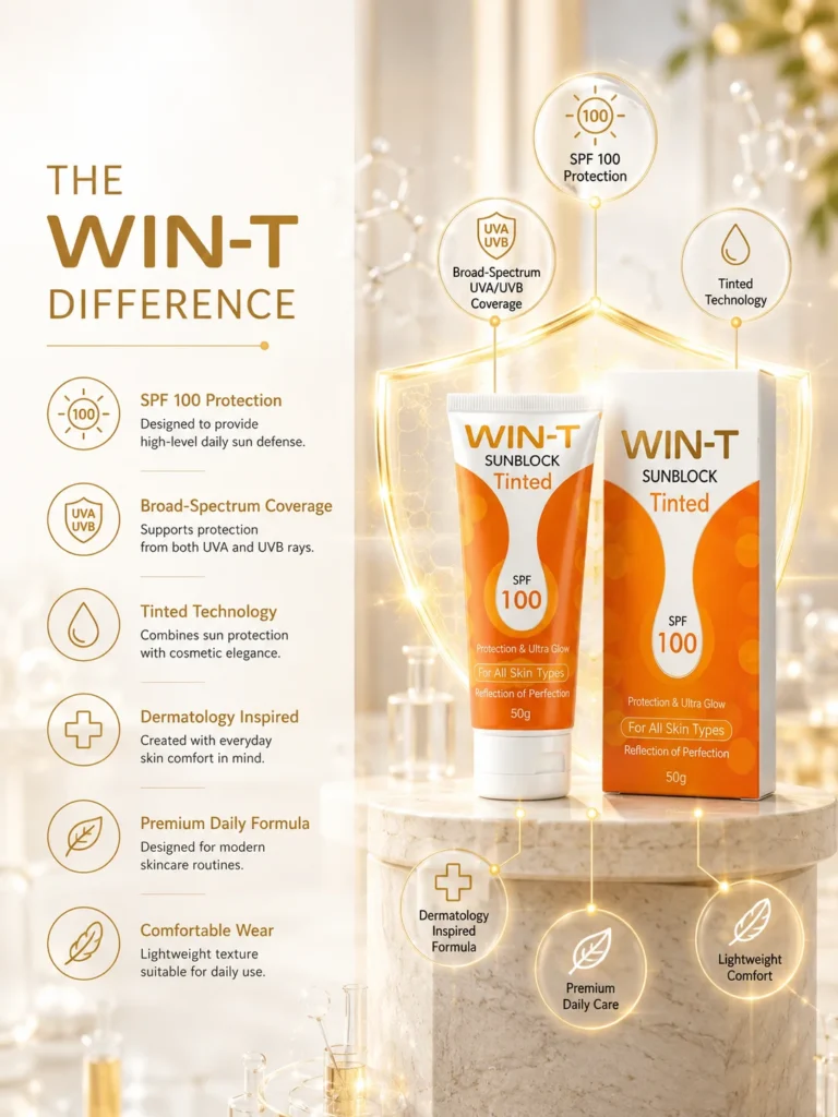 WIN-T SPF 100 tinted sunblock with luxury packaging and scientific skincare icons highlighting UV protection, broad-spectrum defense, and lightweight daily wear.