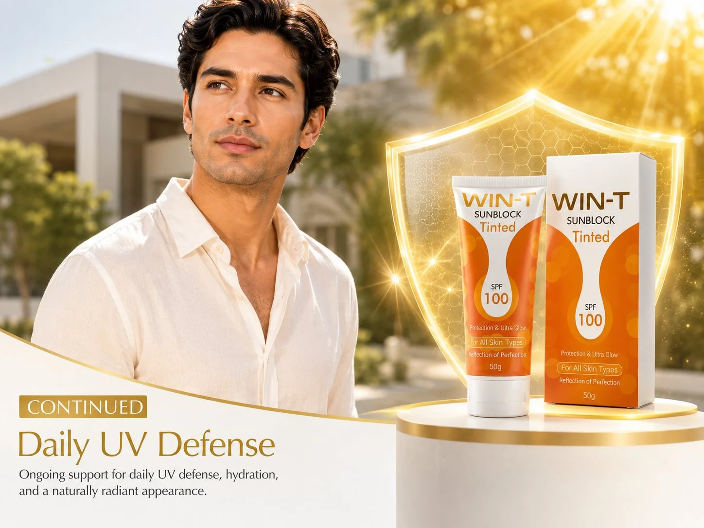 WIN-T Sunblock Tinded WIN-T sunblock SPF 100 tube and box showcasing modern dermatology skincare branding.