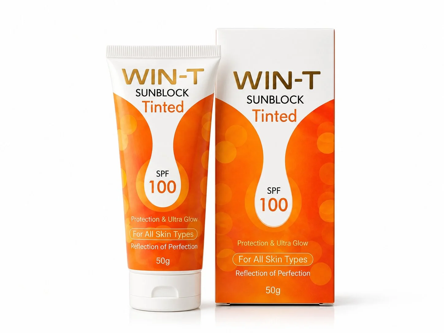WIN-T Sunblock Tinded WIN-T tinted sunblock positioned beside its box on polished surface with warm lighting.