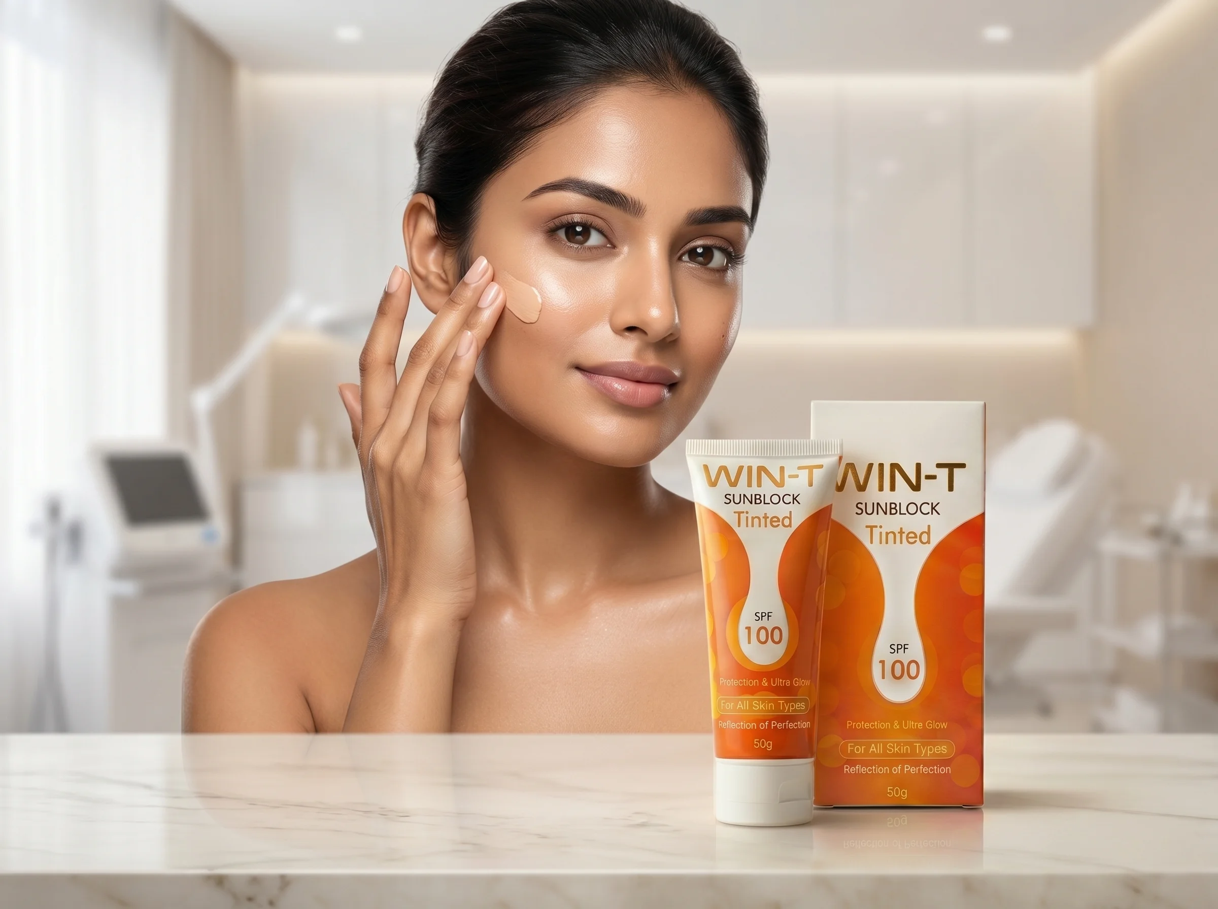 Woman applying WIN-T SPF 100 sunscreen in a dermatology clinic, with product bottle placed on a marble counter, showing immediate UV protection.