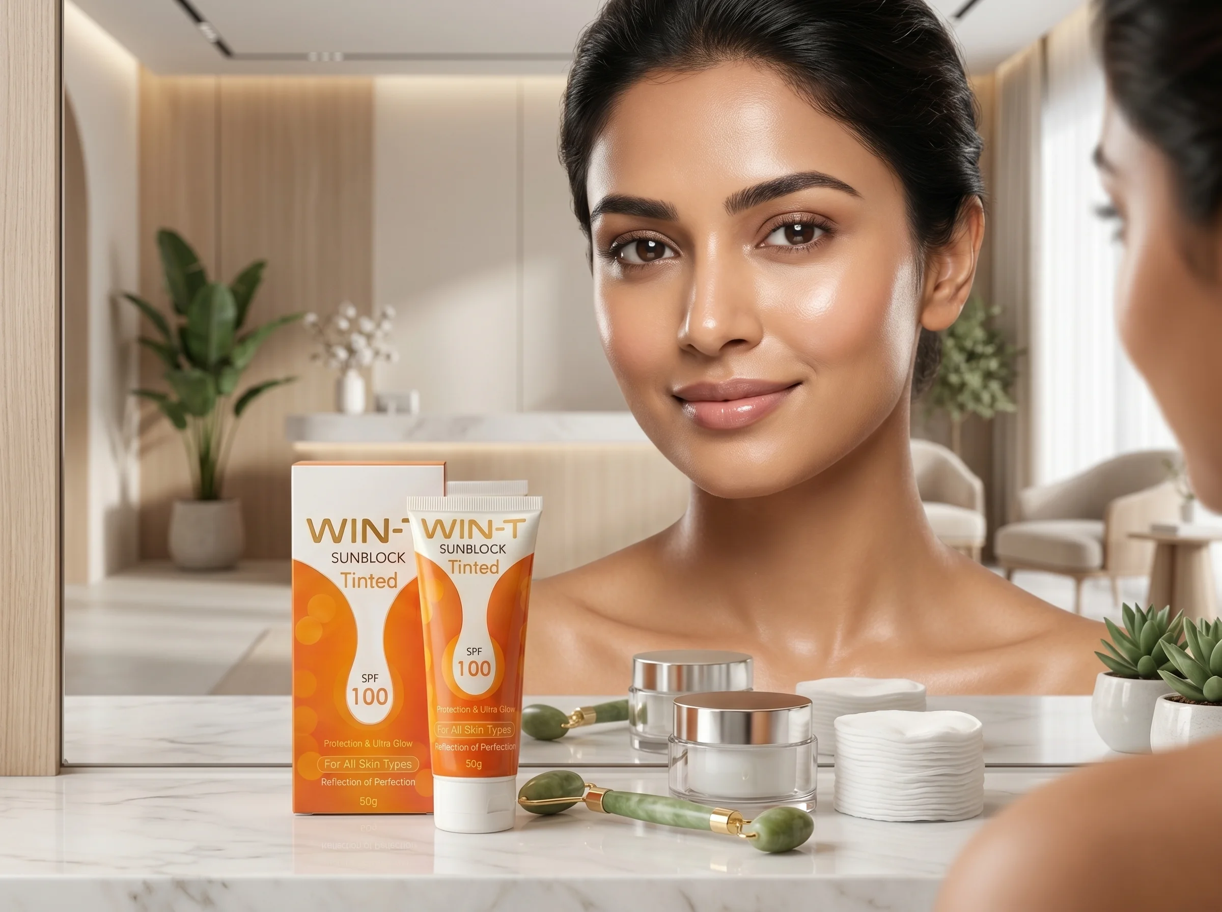 Woman with healthy glowing skin in a clinic beside WIN-T SPF 100 bottle, showing long-term skin protection and improved skin clarity.