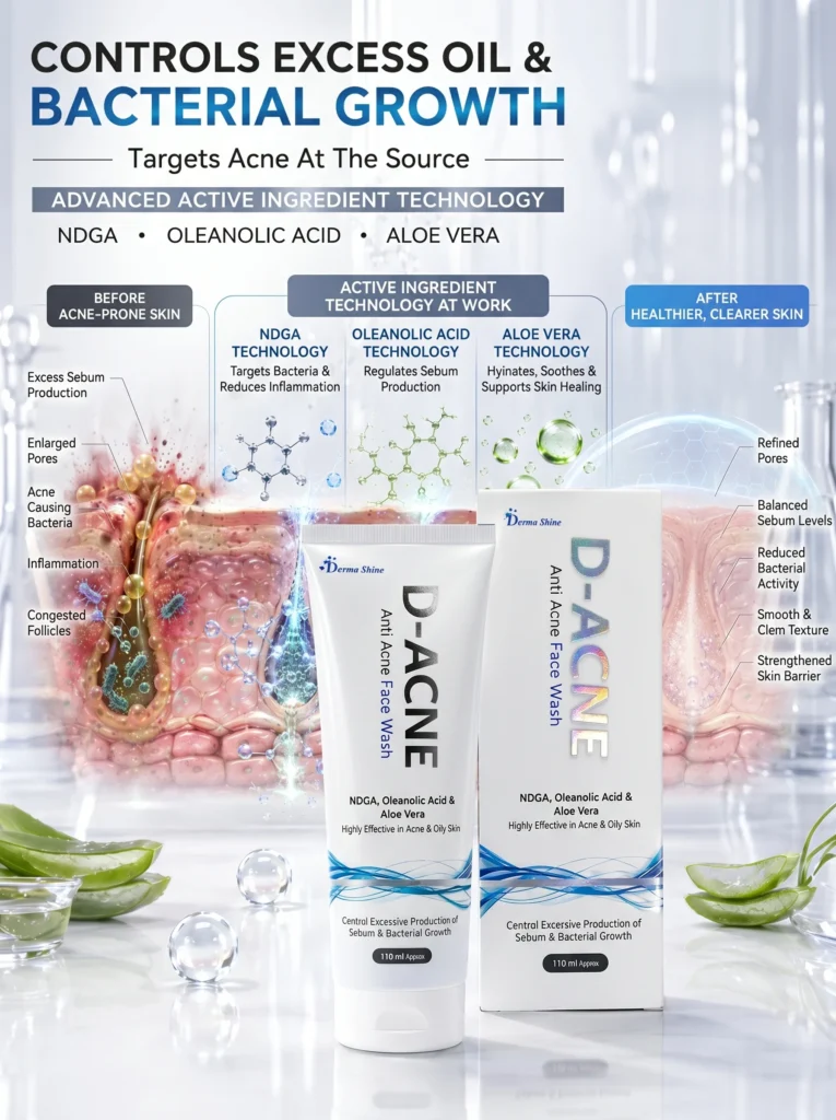 D-ACNE Anti Acne Face Wash rk derma care Premium product photography of D-ACNE Face Wash featuring NDGA, Oleanolic Acid and Aloe Vera formula.