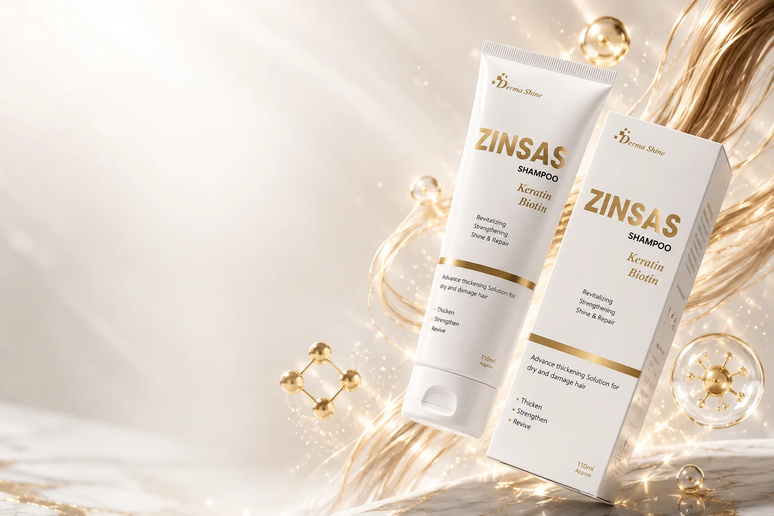 ZINSAS Shampoo Elegant commercial product shot of ZINSAS Shampoo designed for hair strengthening, shine enhancement, and revitalization, displayed in a premium beauty environment