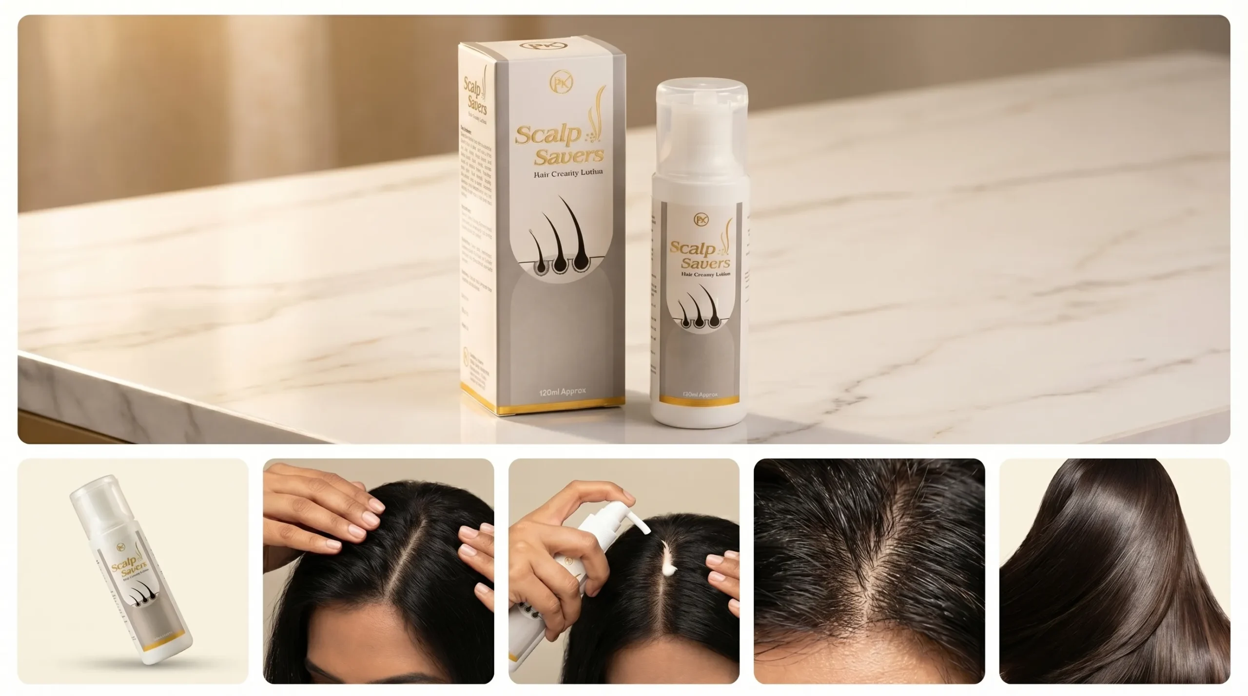 rk derma scalp savers hair creamy lotion bottle with gold pump cap placed beside its matching white and gold packaging box on a marble surfacee