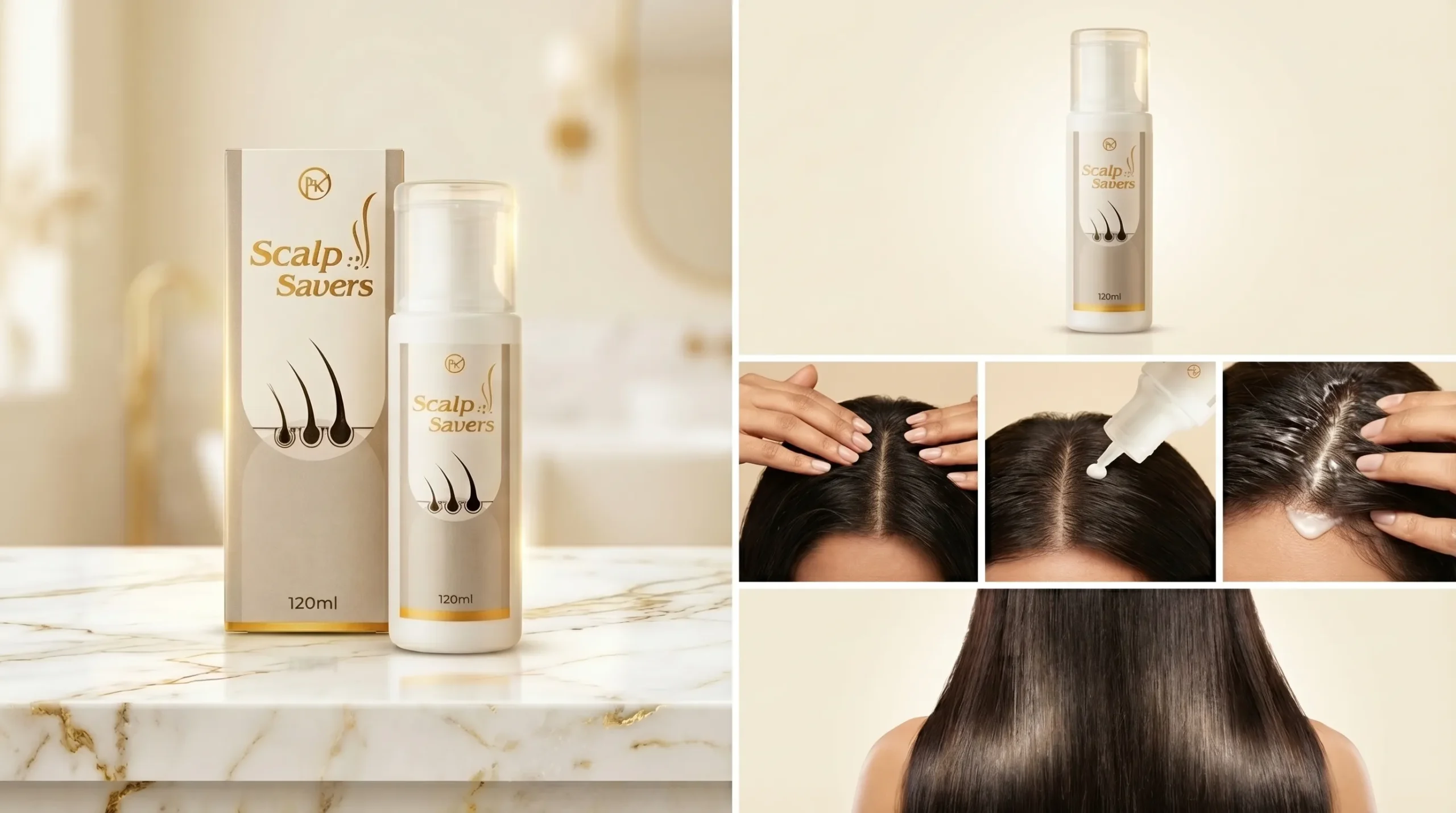 scalp savers treatment serum packaging and close up images of a person applying scalp lotion showing healthy hair and scalp care routinee