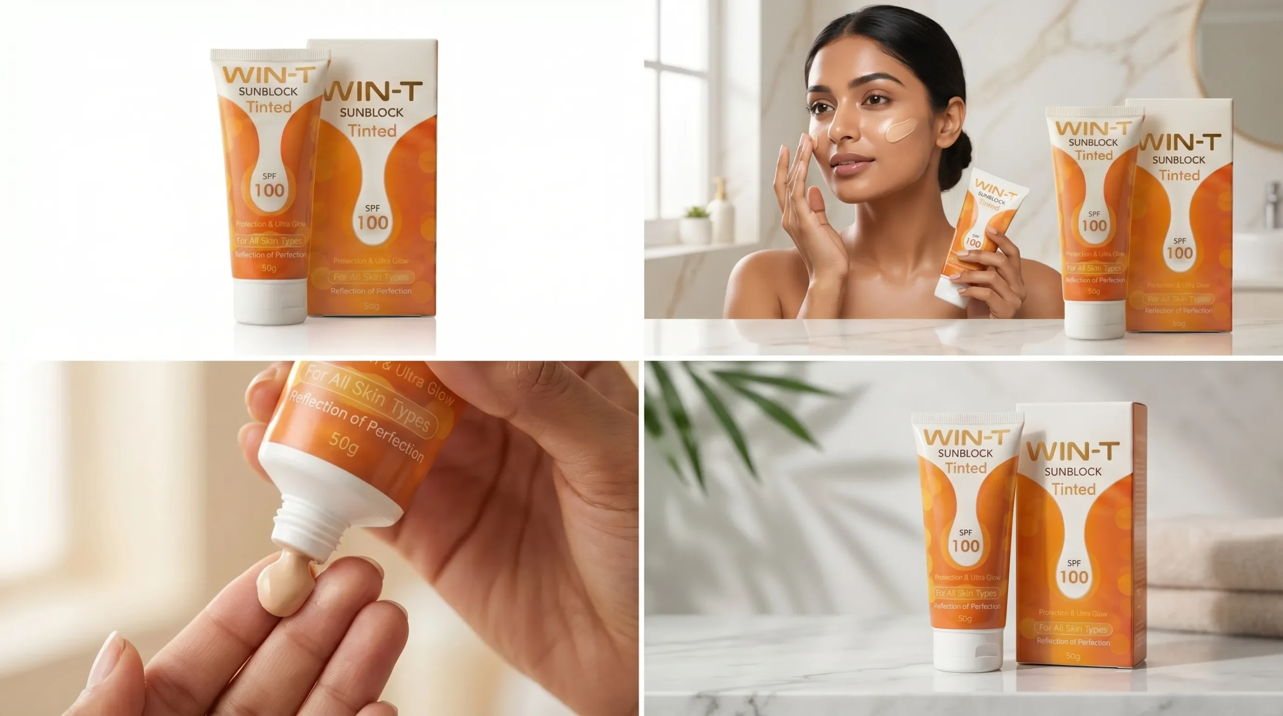 win t tinted sunblock spf 100 tube on a pure white background, upright with label clearly visible, minimal shadow, clean studio product shot