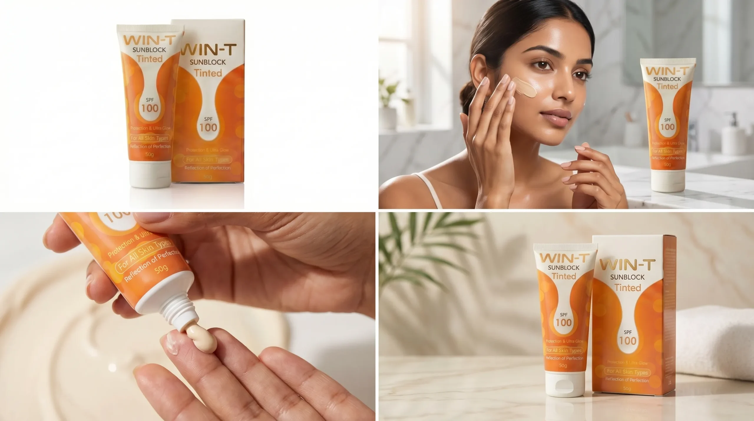 win t tinted sunblock spf 100 tube with packaging box displayed on marble surface, premium skincare product presentation with soft lighting