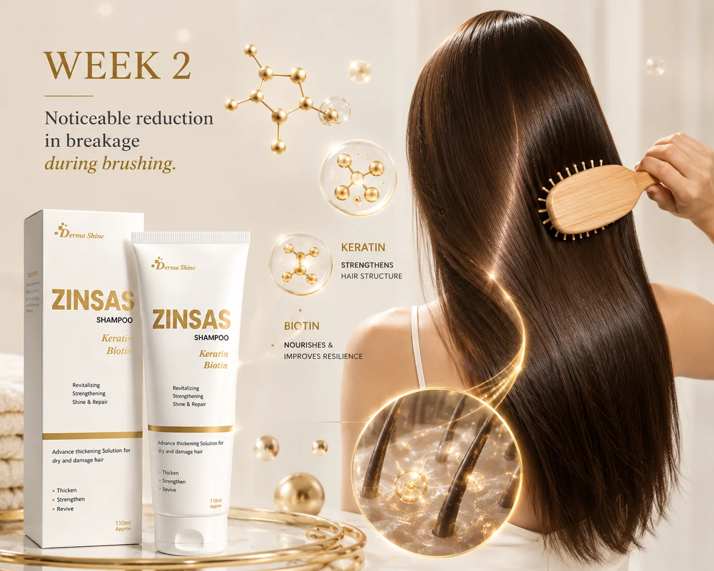 ZINSAS Shampoo Woman brushing smooth, healthy hair with ZINSAS Shampoo, highlighting reduced breakage and stronger strands.