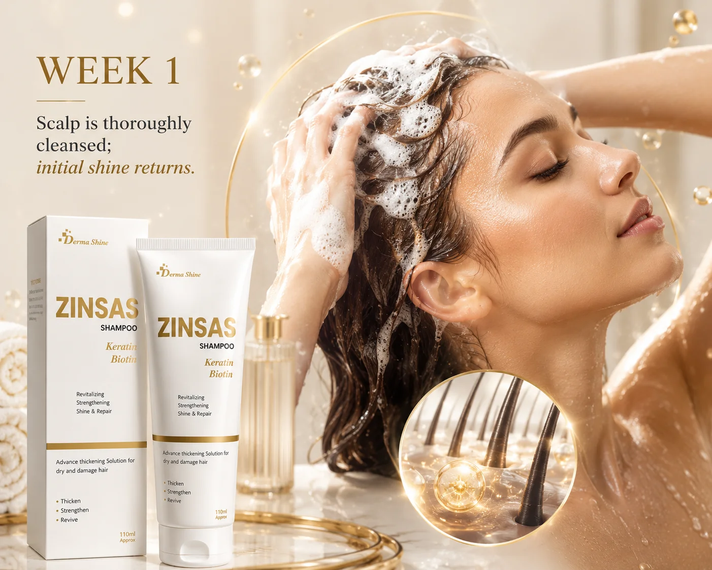 ZINSAS Shampoo Woman washing her hair with ZINSAS Shampoo, showing a cleansed scalp and restored shine after one week of use.