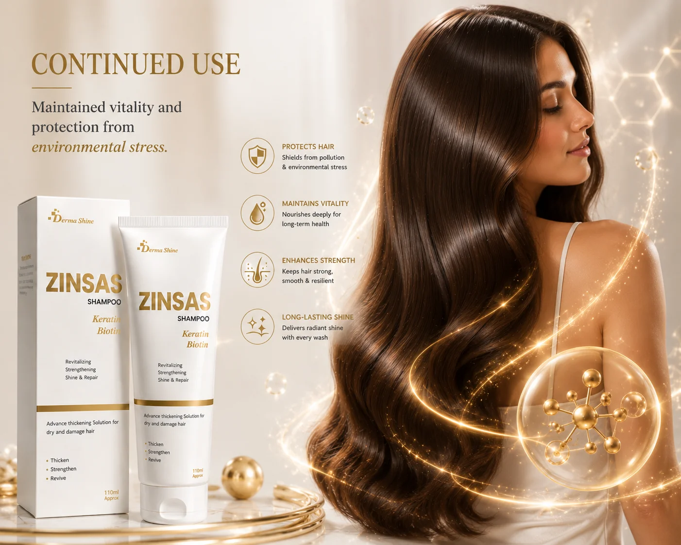 ZINSAS Shampoo Woman with silky, protected hair showcasing long-term vitality, strength, and shine from continued ZINSAS Shampoo use.
