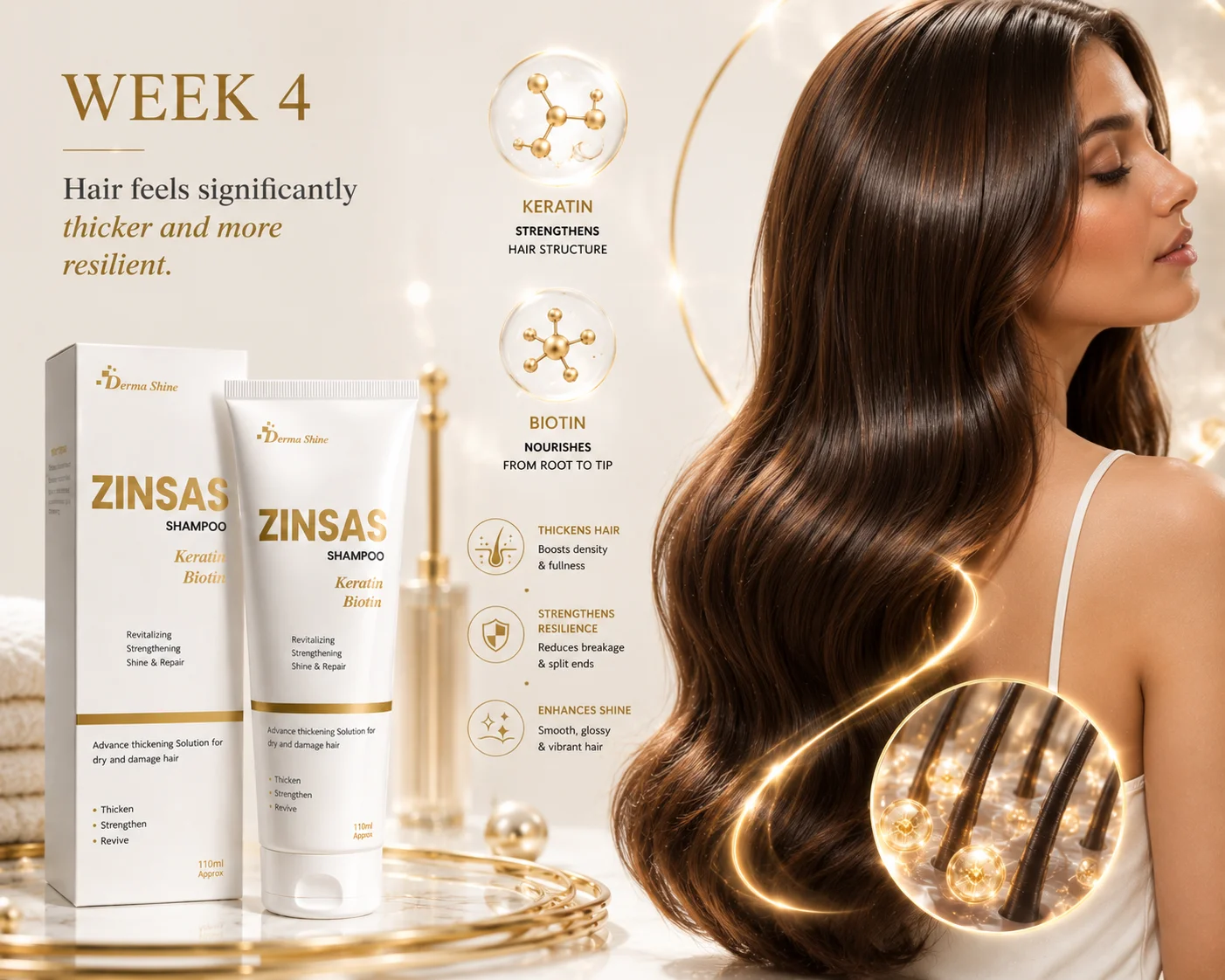ZINSAS Shampoo Woman with thicker, fuller, and shinier hair after four weeks of ZINSAS Shampoo treatment.