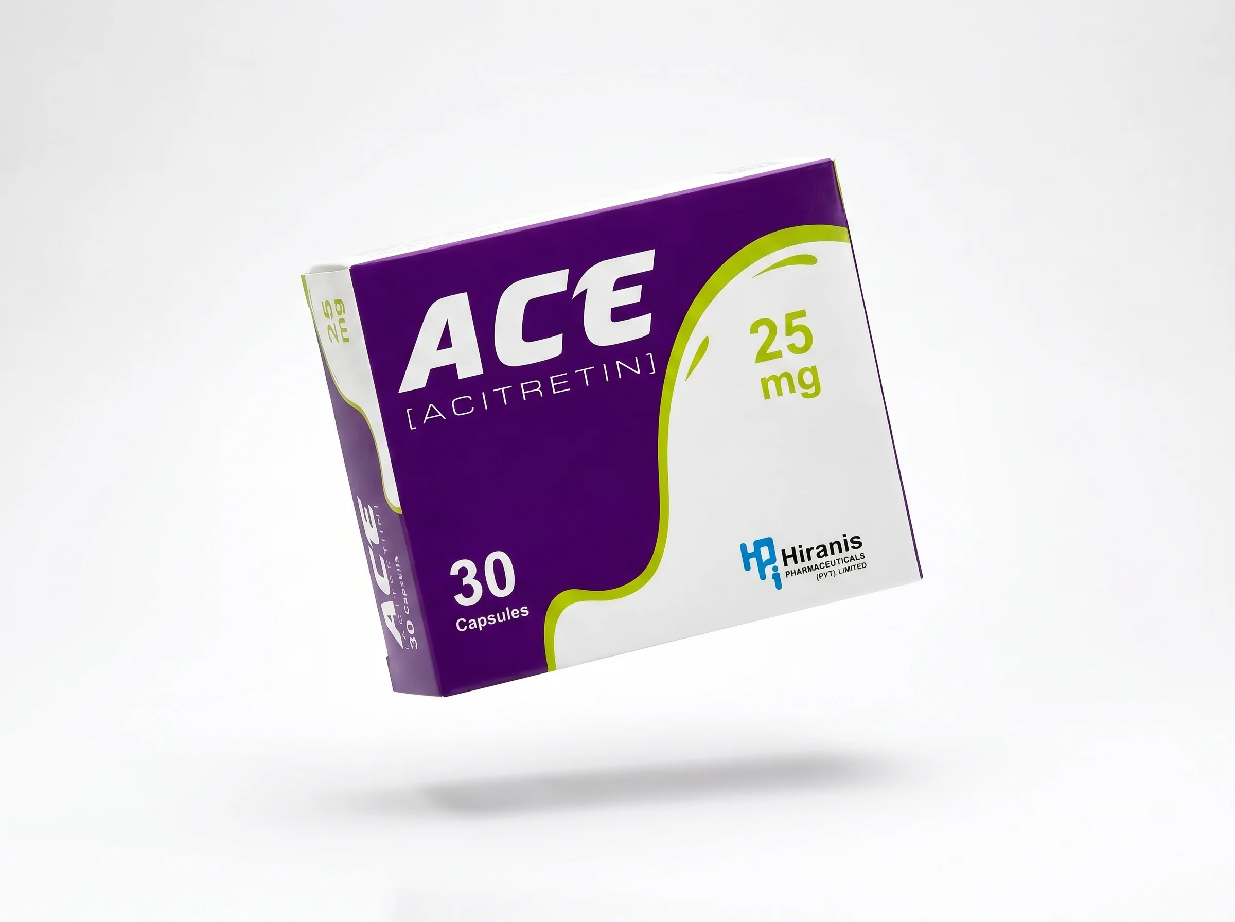 ACE Acitretin 25mg capsule box and blister pack floating against a white background with premium pharmaceutical advertising style