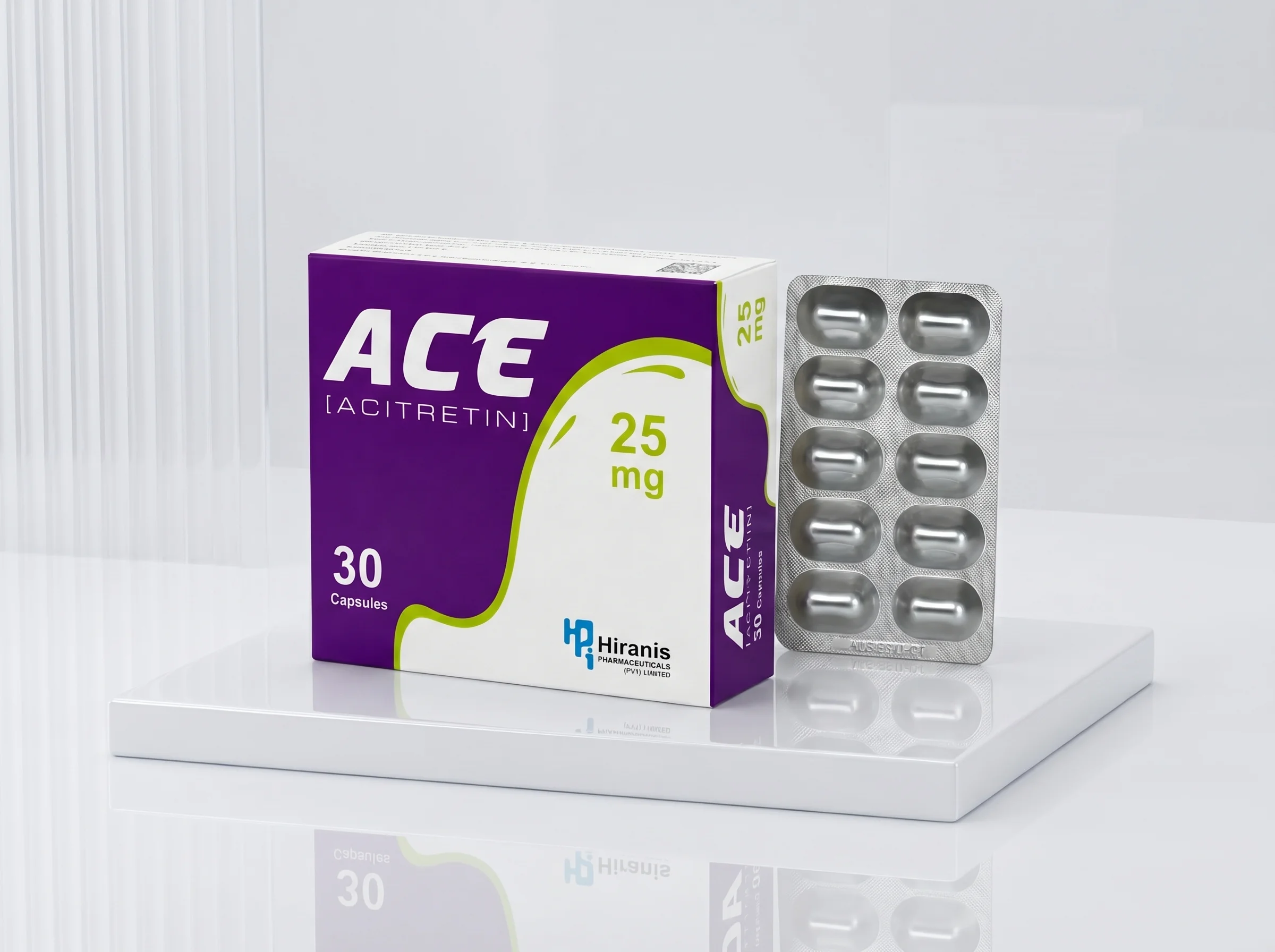 ACE® (Acitretin) 25mg Capsules | Advanced Oral Retinoid Therapy for Severe Psoriasis. Close-up view of ACE Acitretin 25mg pharmaceutical carton highlighting packaging design, dosage information, and branding details