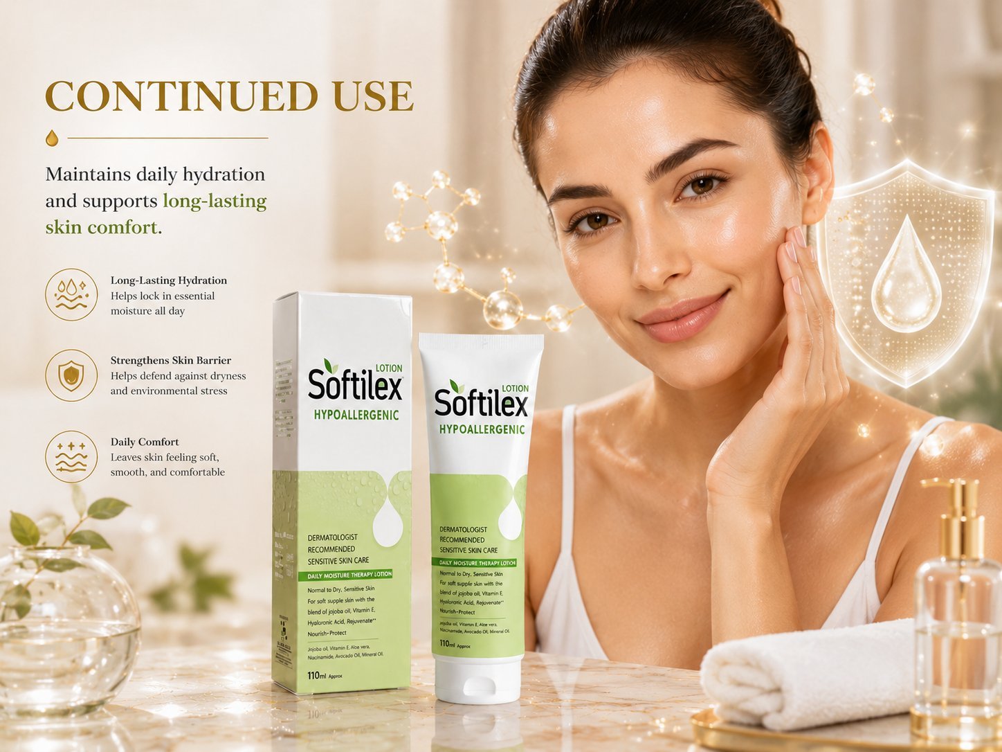 Softilex® Hypoallergenic Lotion Continued use Softilex skincare image showing soft, nourished skin and daily moisture support.