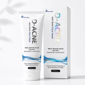 D-ACNE Anti Acne Face Wash original tube beside packaging box with holographic branding details