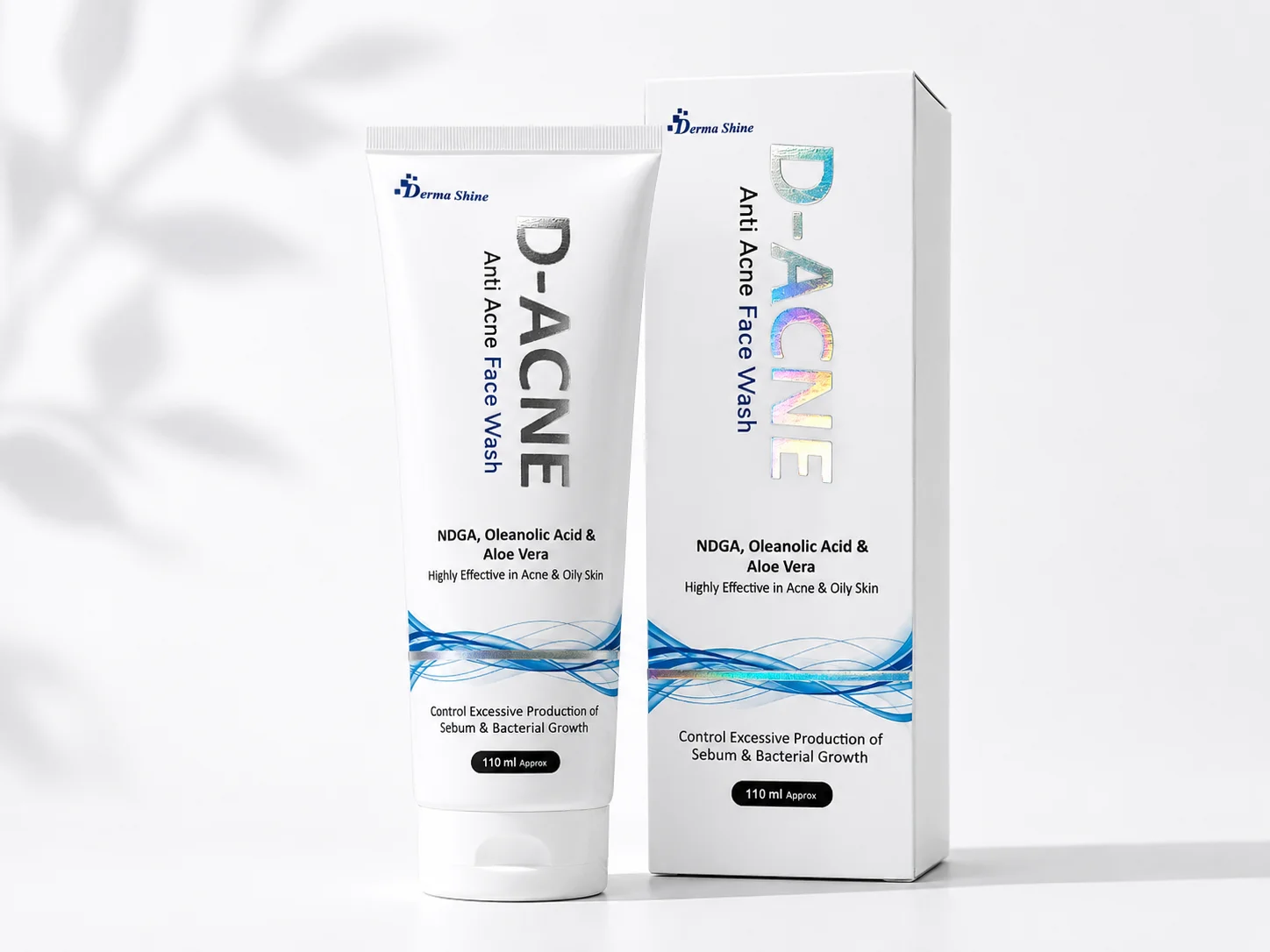 D-ACNE Anti Acne Face Wash D-ACNE Anti Acne Face Wash original tube beside packaging box with holographic branding details