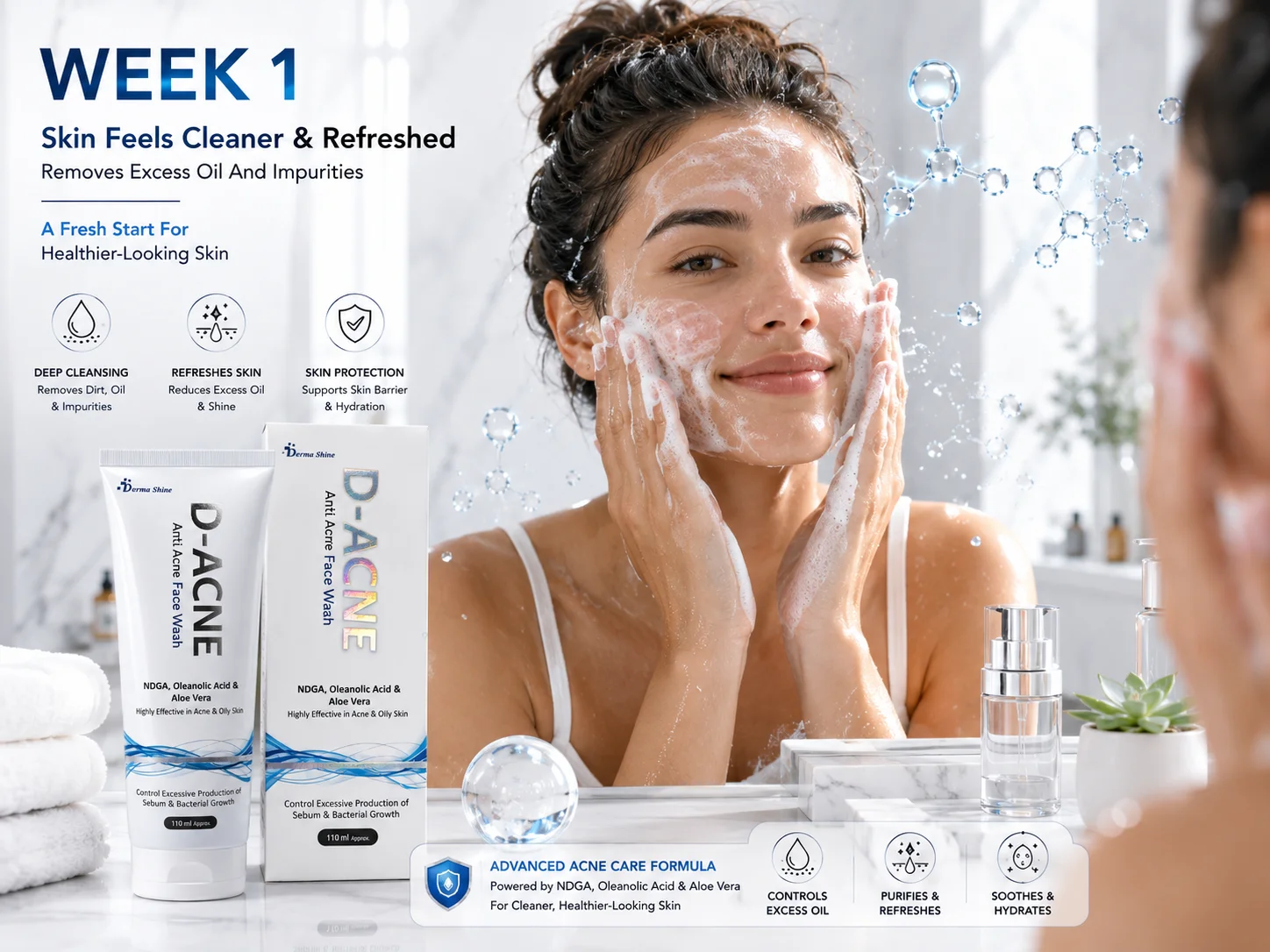 D-ACNE Anti Acne Face Wash D-ACNE Face Wash with benefit icons highlighting oil control, cleansing and clearer-looking skin
