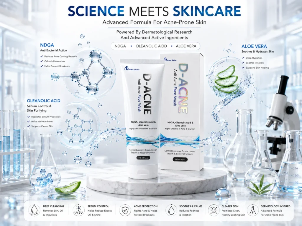 D-ACNE Anti Acne Face Wash D-ACNE skincare packaging with silver holographic logo and luxury pharmaceutical design