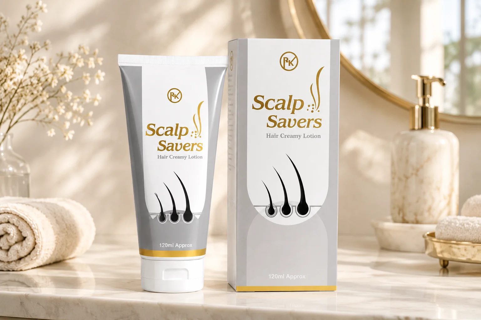 Scalp Saver Luxury hair care product photography featuring Scalp Savers Hair Creamy Lotion and box.
