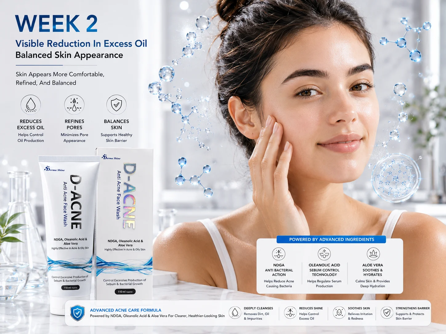 D-ACNE Anti Acne Face Wash Luxury skincare campaign image of D-ACNE Face Wash on elevated white podium