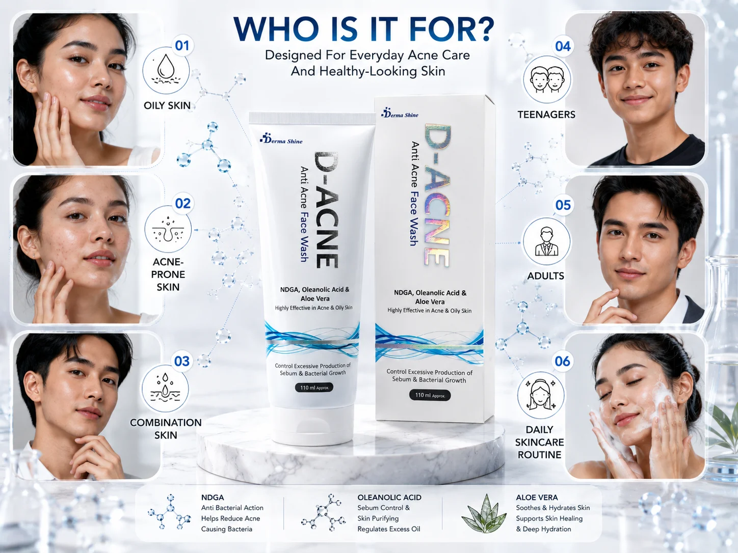 D-ACNE Anti Acne Face Wash Premium dermatology skincare branding showcasing D-ACNE Face Wash for acne-prone and oily skin