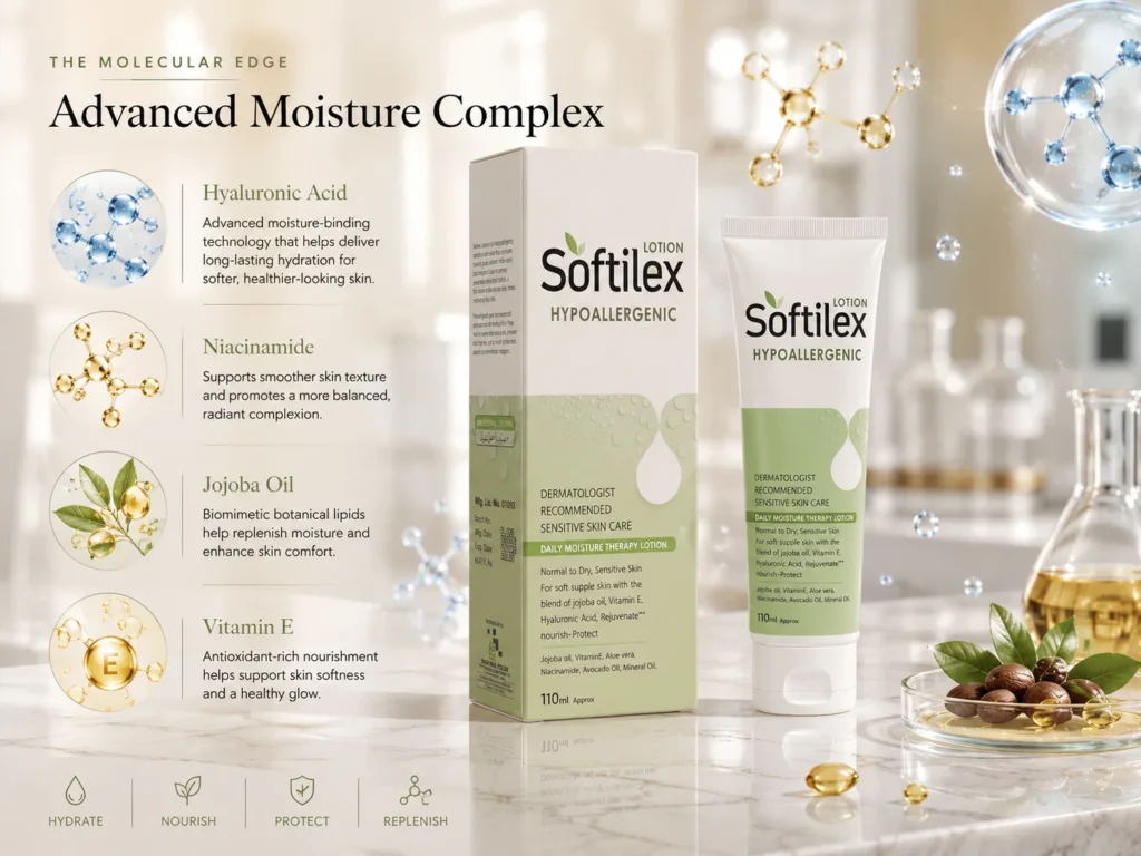 Softilex® Hypoallergenic Lotion RK Derma Softilex Hypoallergenic Lotion and box on a marble surface surrounded by elegant skincare and hydration visuals.