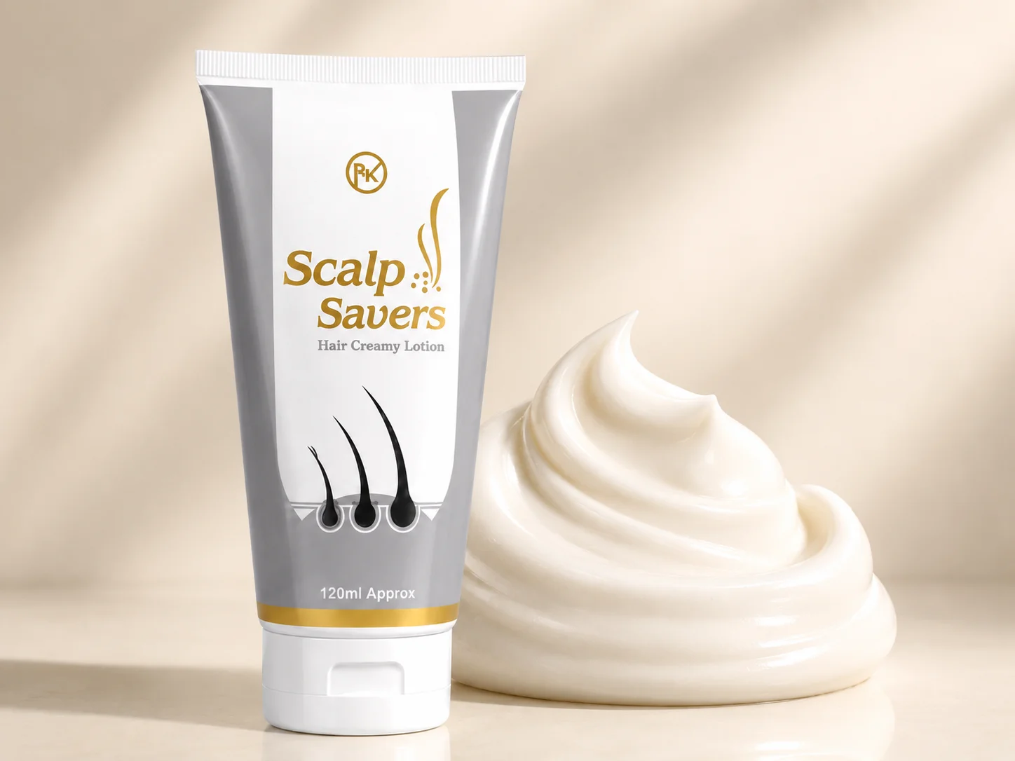 Scalp Saver RK Scalp Savers Hair Creamy Lotion tube standing beside original retail packaging box.