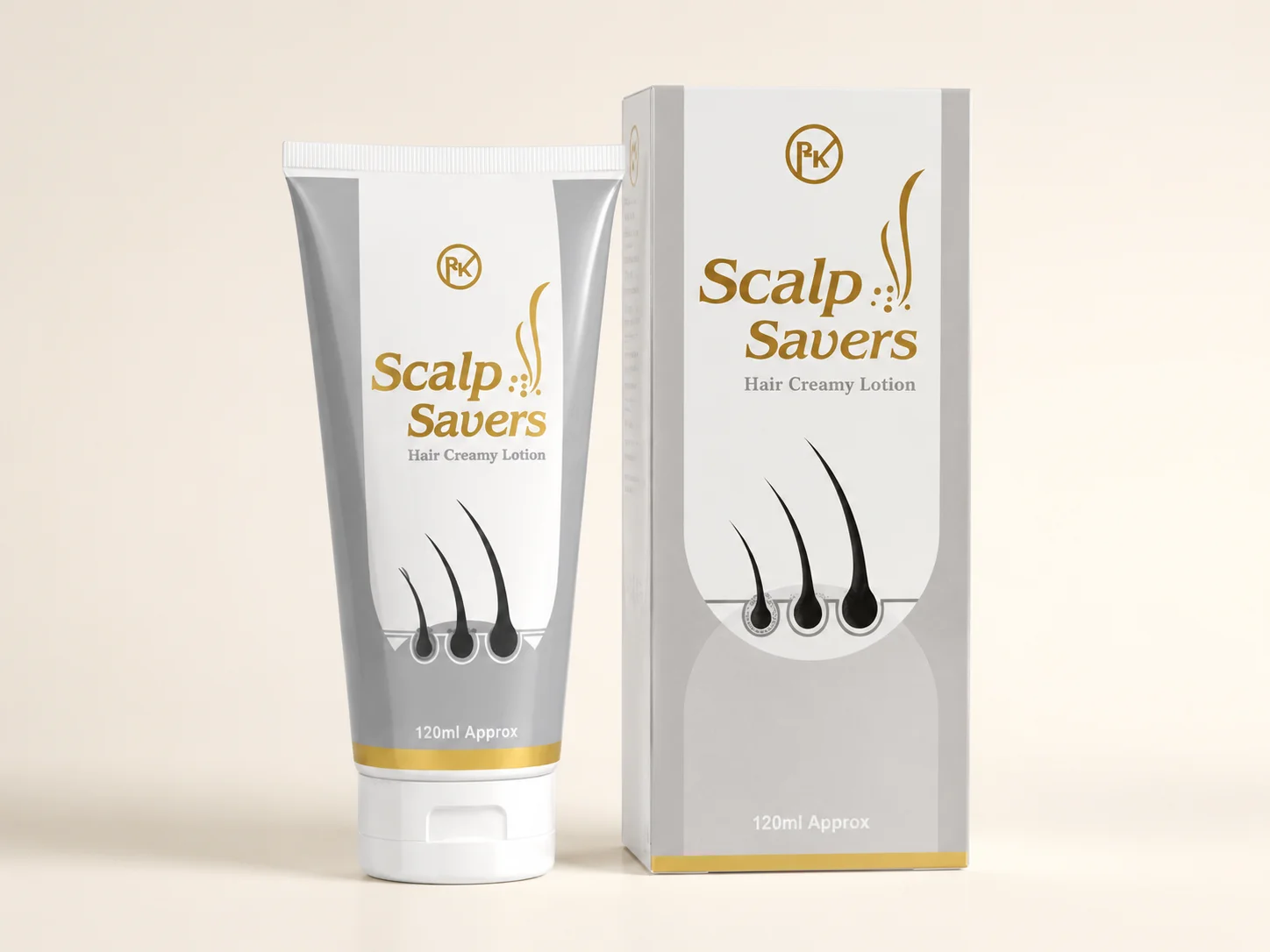 Scalp Saver Scalp Savers Hair Creamy Lotion tube and box photographed for premium e-commerce website.