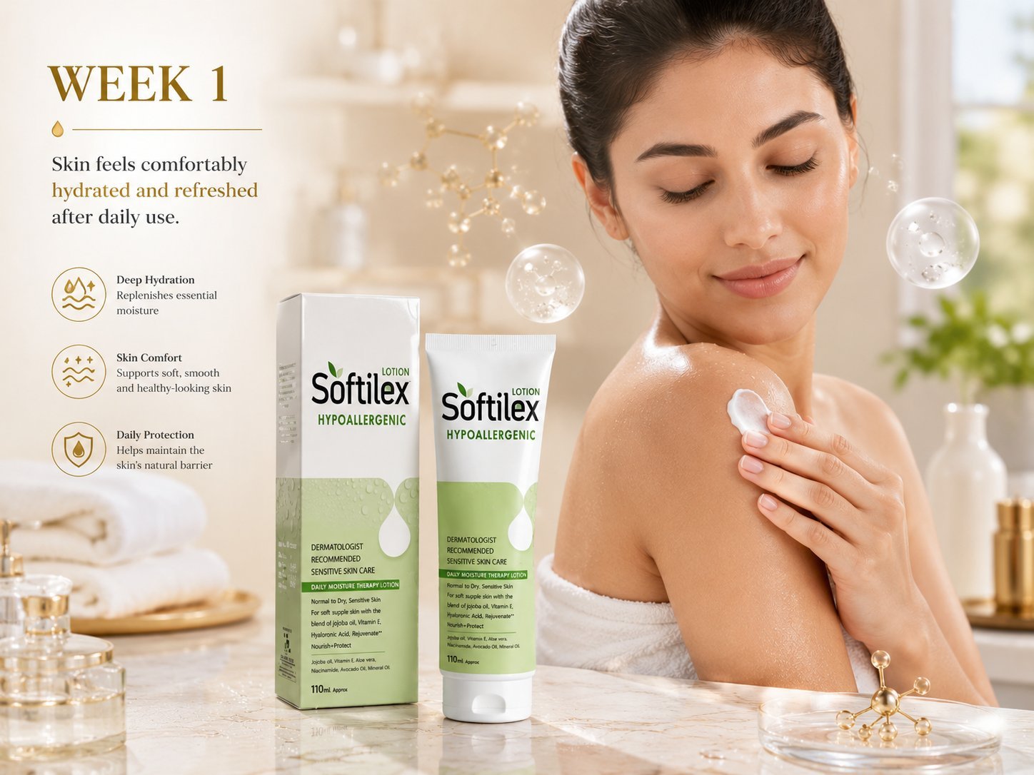Softilex® Hypoallergenic Lotion Softilex Hypoallergenic Lotion luxury skincare campaign with radiant model and premium hydration benefits.