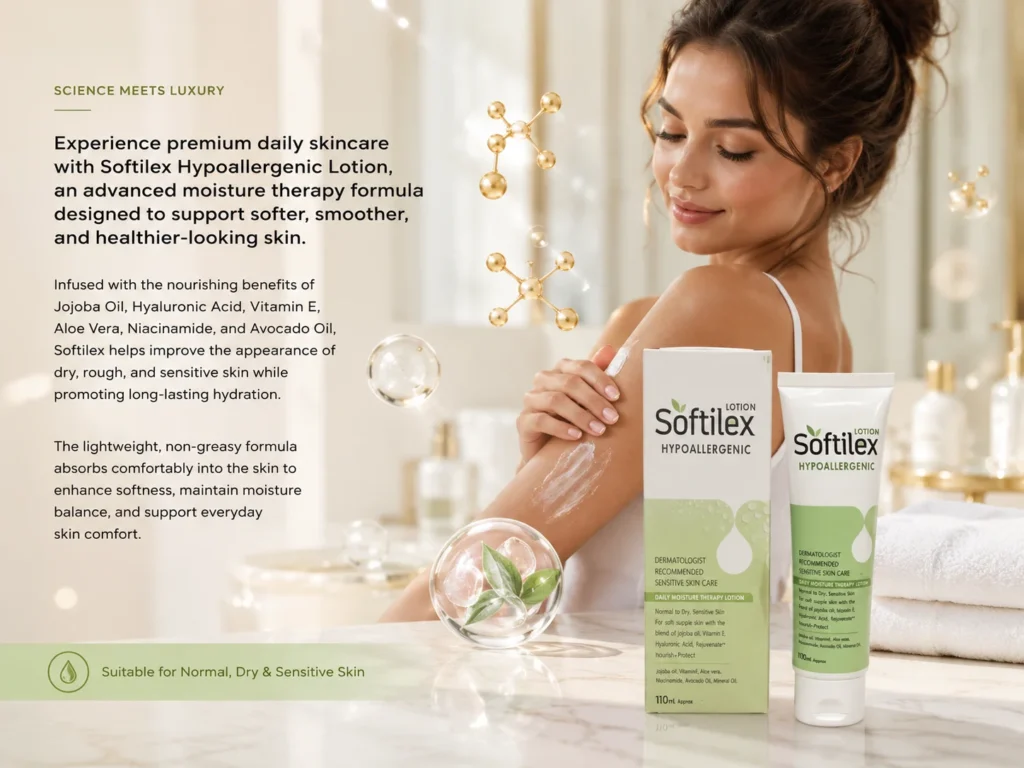 Softilex® Hypoallergenic Lotion Softilex Hypoallergenic Lotion with carton packaging displayed in a premium dermatology-inspired skincare setting with scientific luxury elements.